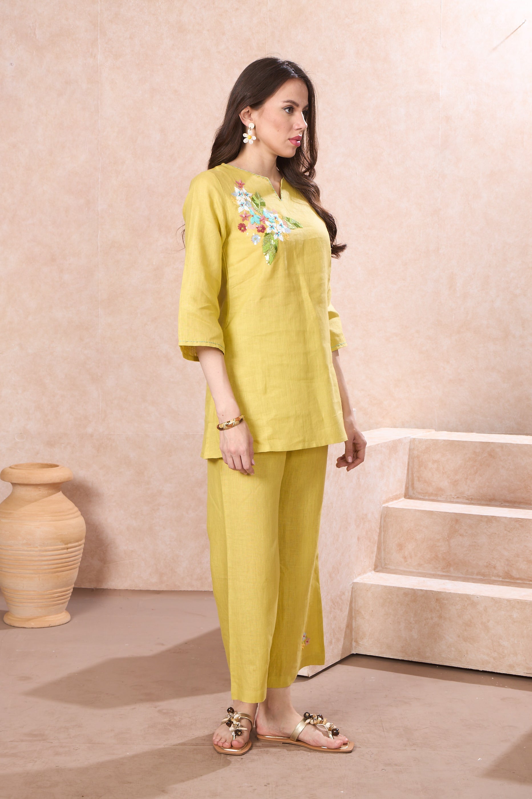 Lime Flora Embellished Linen Co-Ord Set