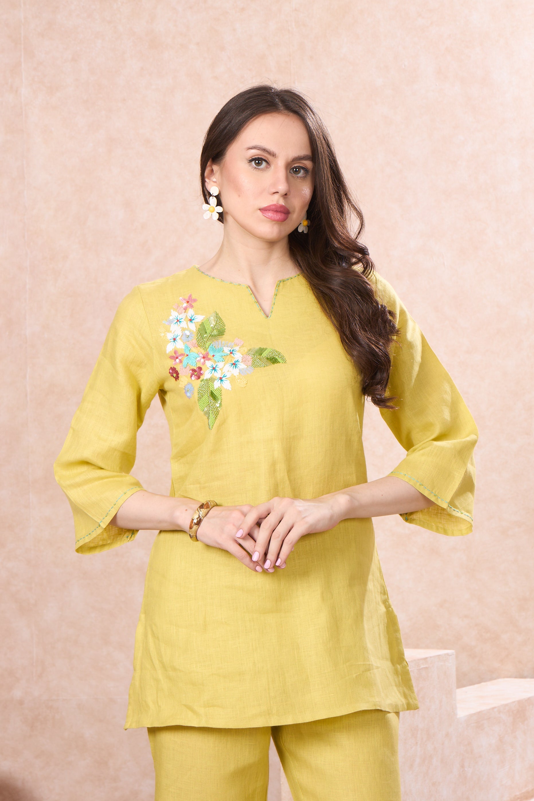 Lime Flora Embellished Linen Co-Ord Set