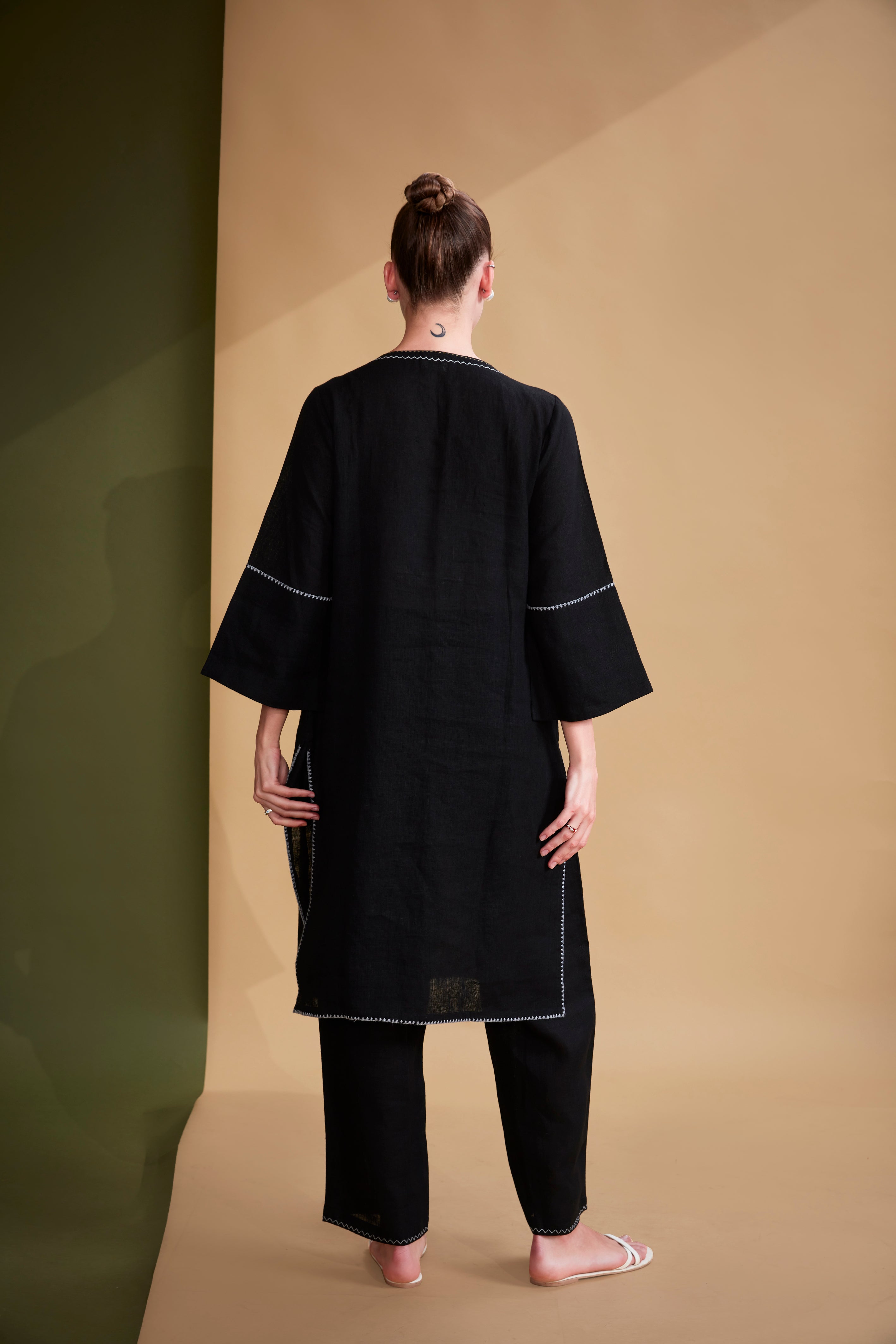 Black Minimalist Embroidered Linen Co-Ord Set