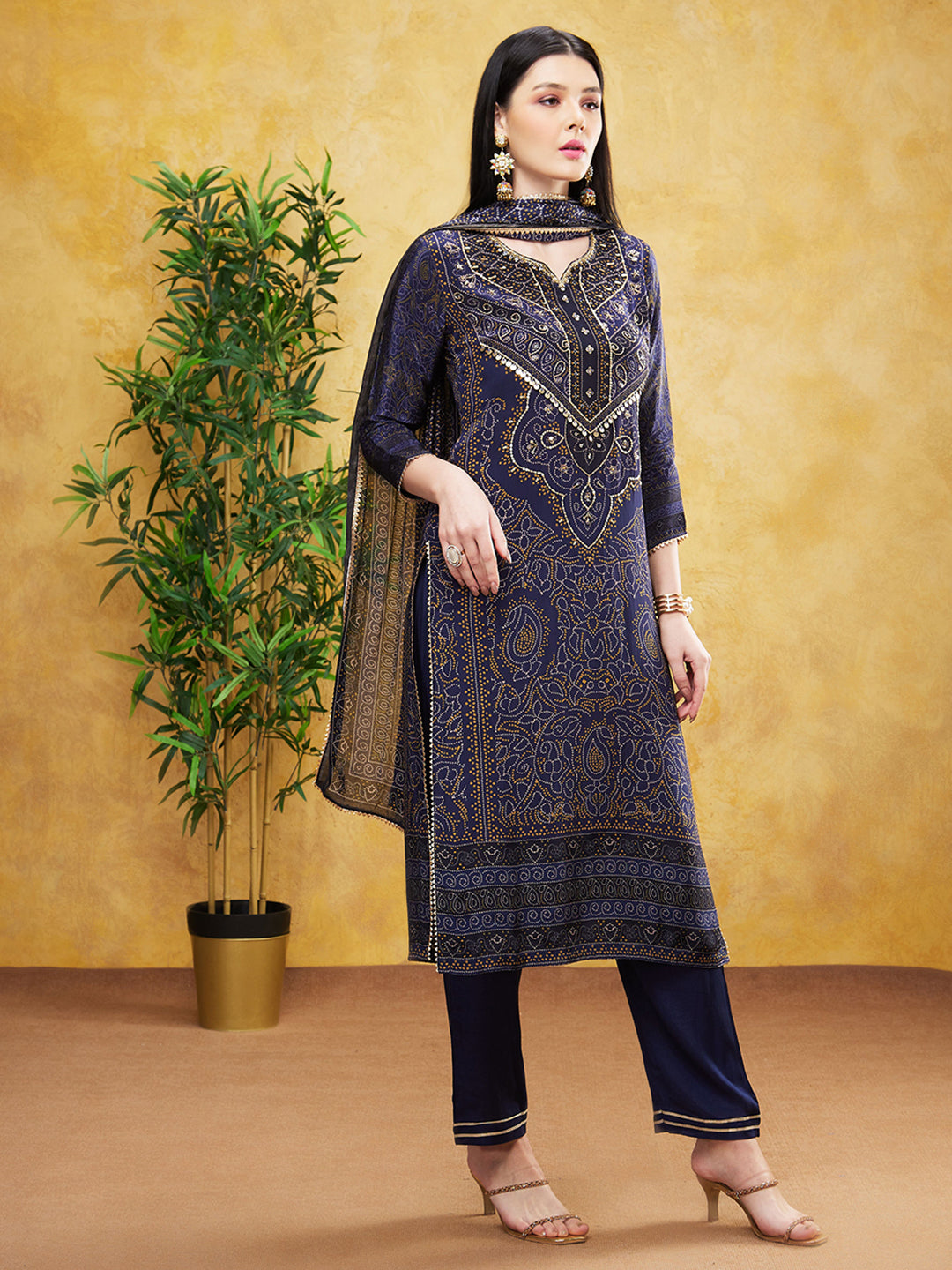 Deep Blue Bandhej Printed Premium Silk Pants Set