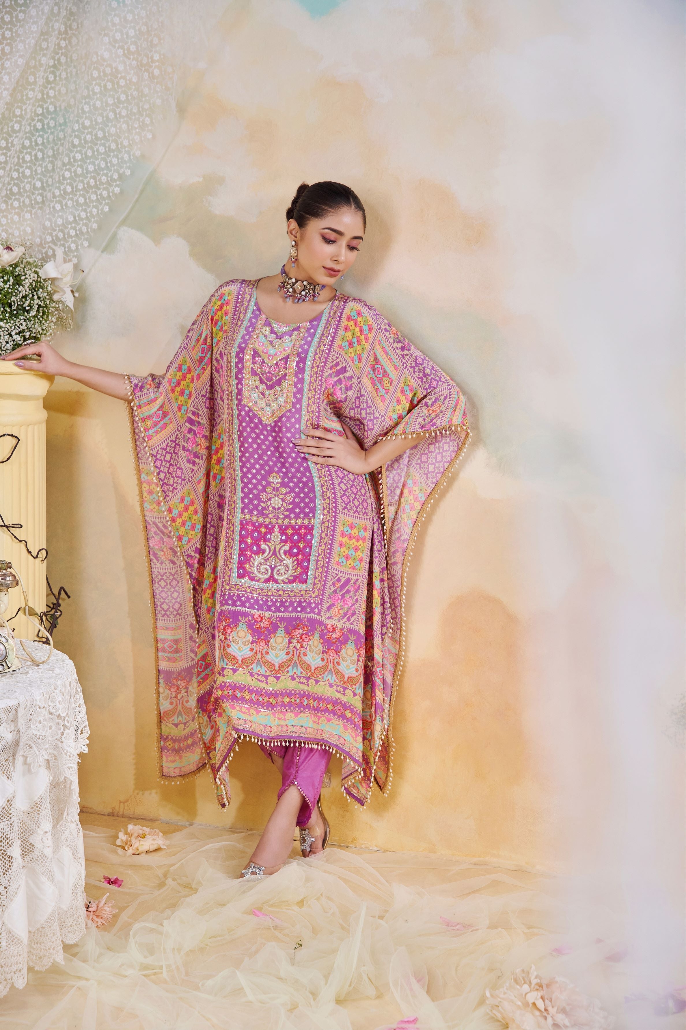 Pink Pearl Printed Kaftan Set