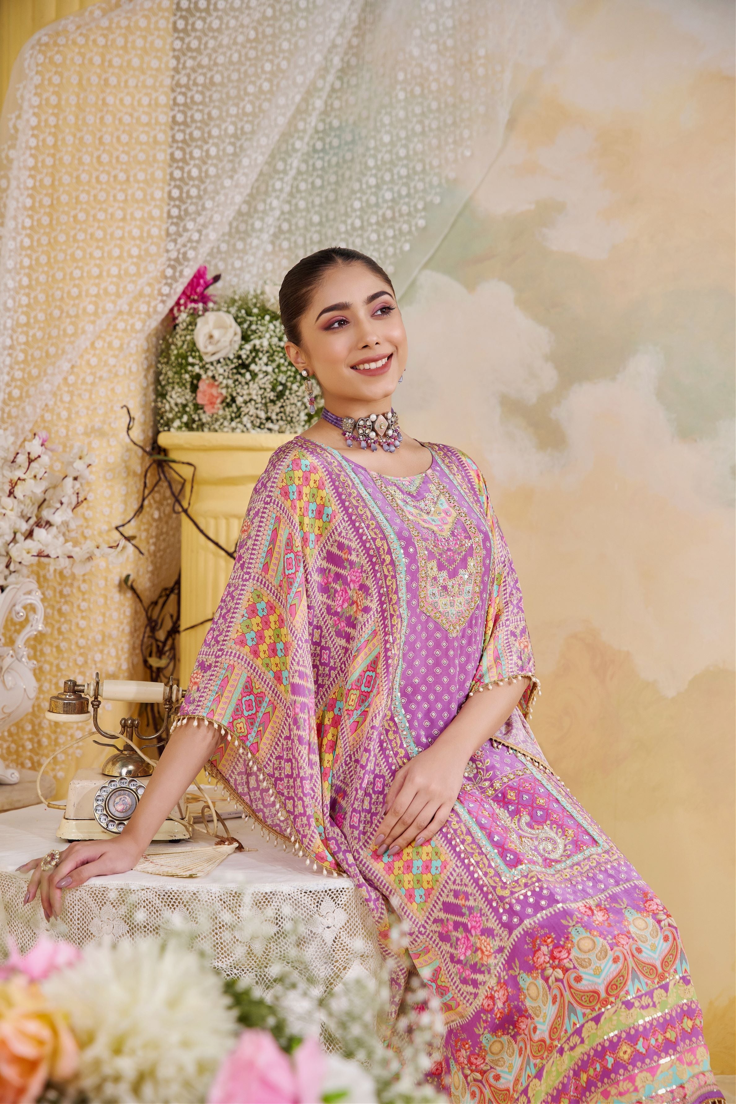 Pink Pearl Printed Kaftan Set