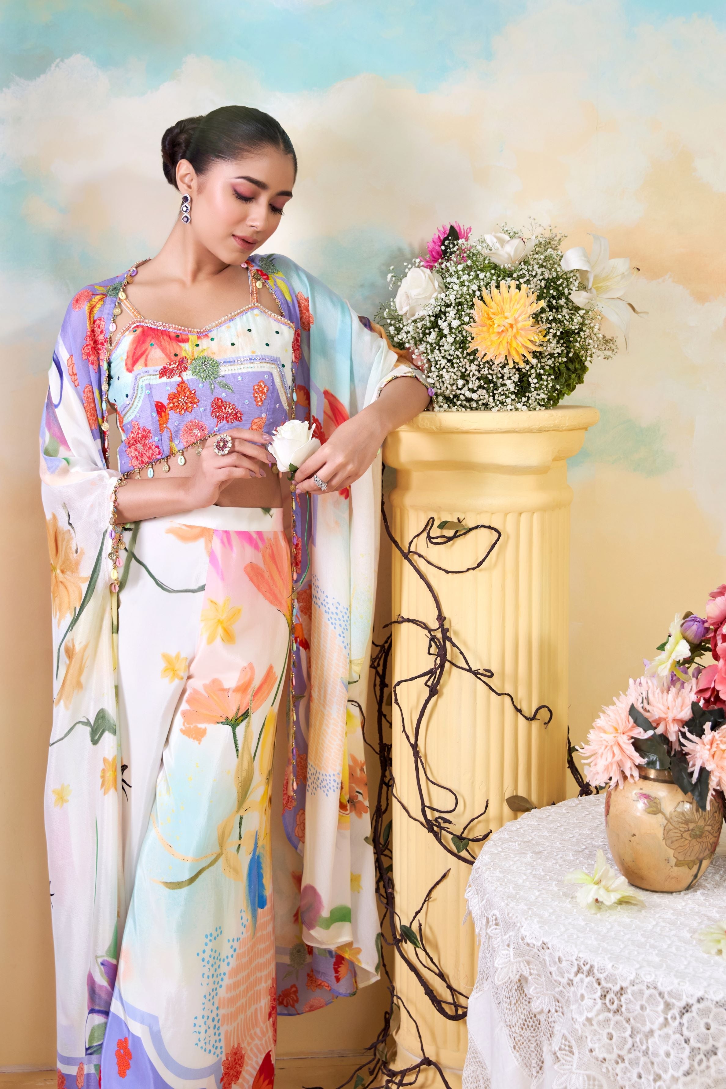 Multicolor Floral Printed Chinon Silk Cape Set