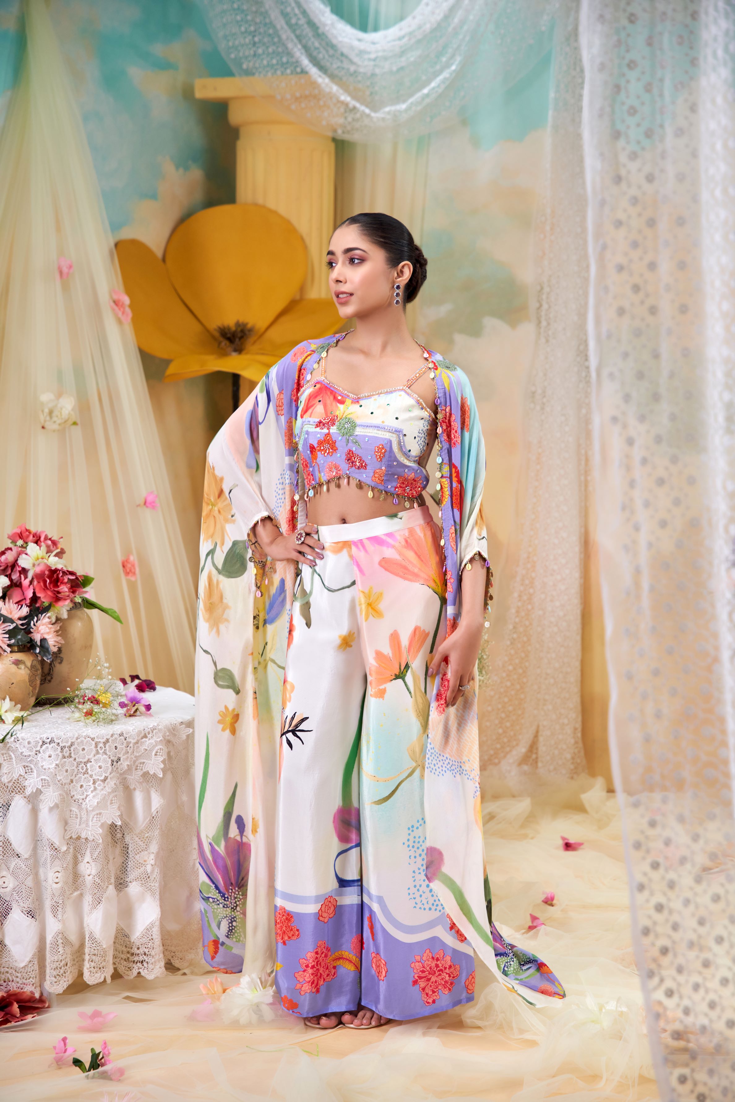 Multicolor Floral Printed Chinon Silk Cape Set