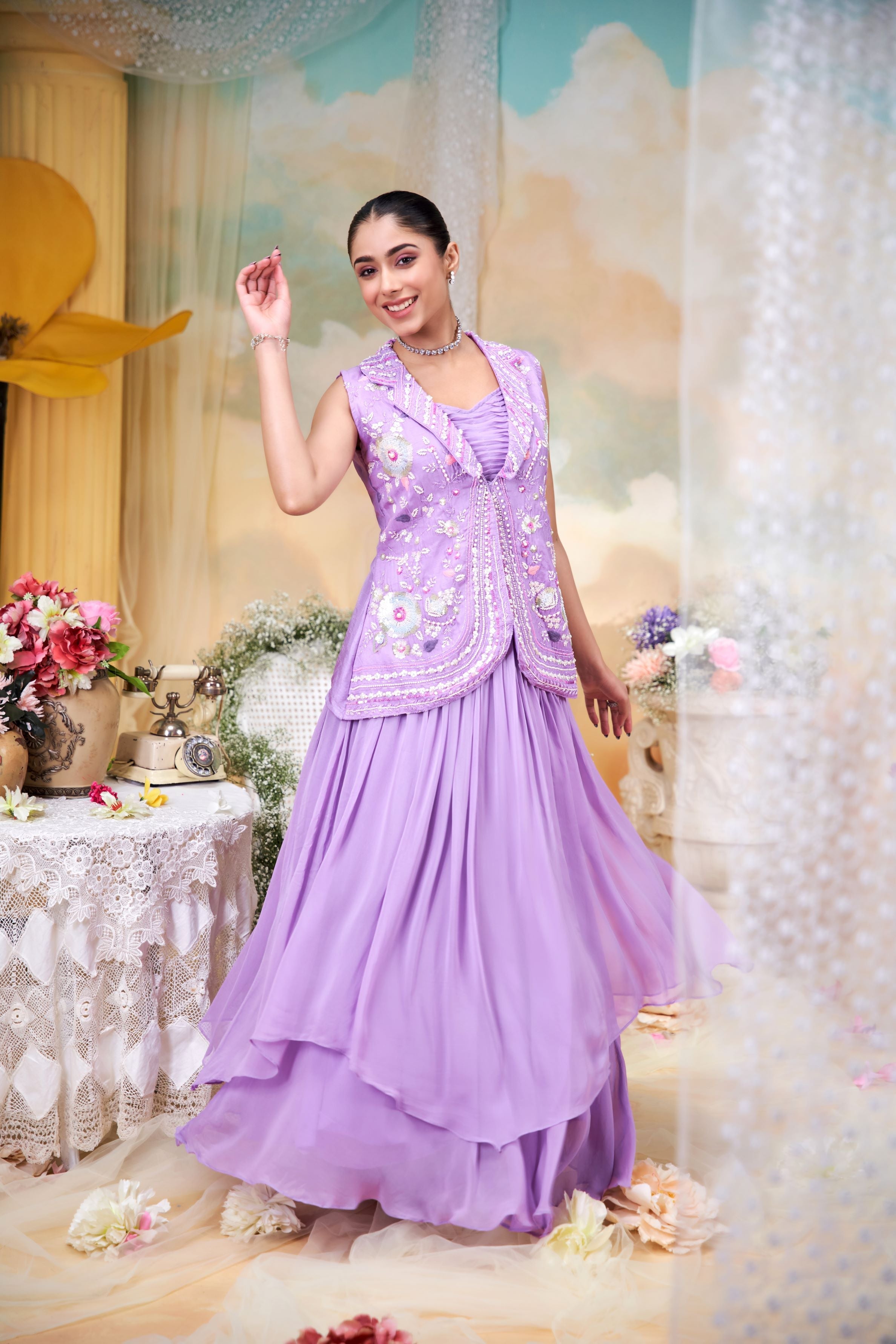 Bright Lilac Embroidered Georgette Silk Skirt Set