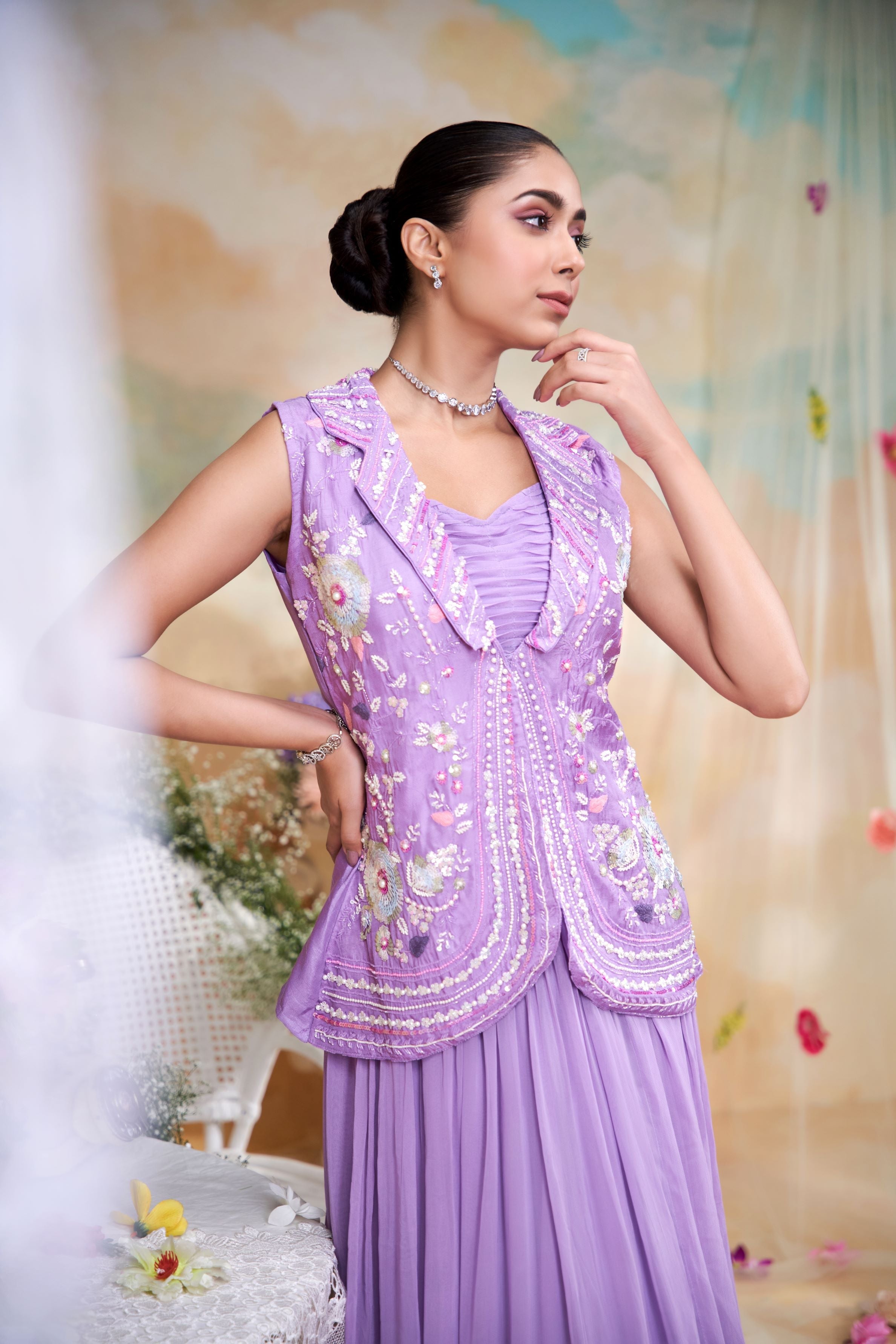 Bright Lilac Embroidered Georgette Silk Skirt Set