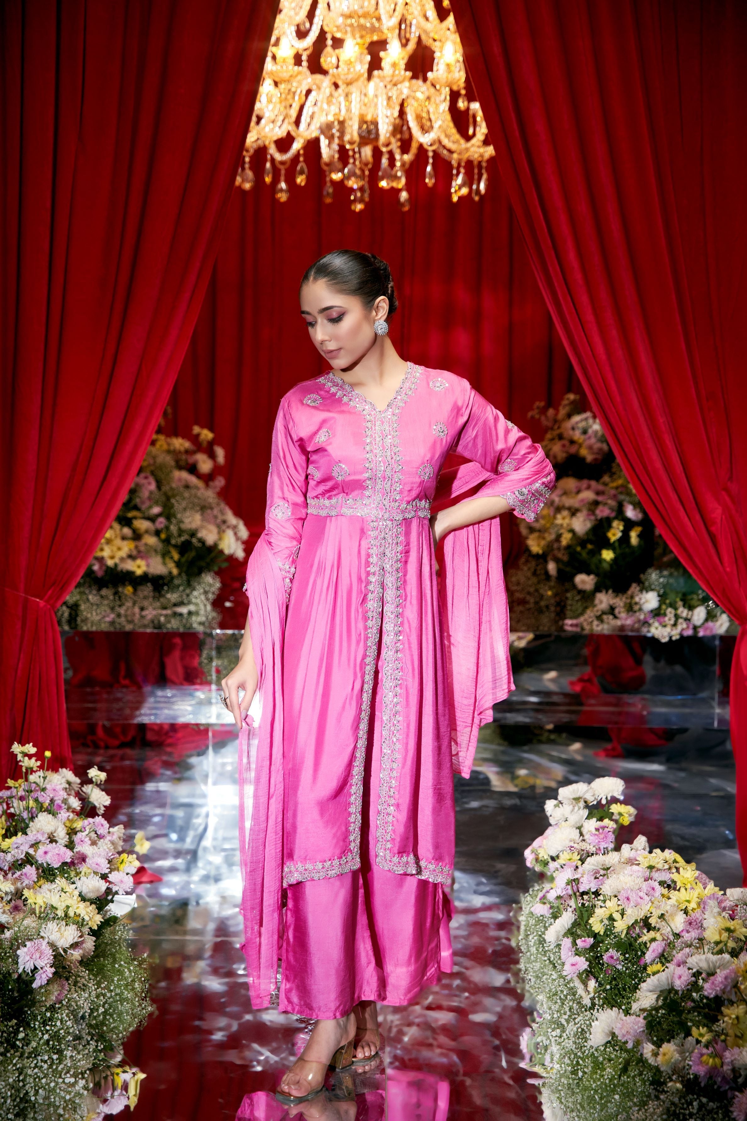 Pink Embellished Raw Silk Anarkali Set