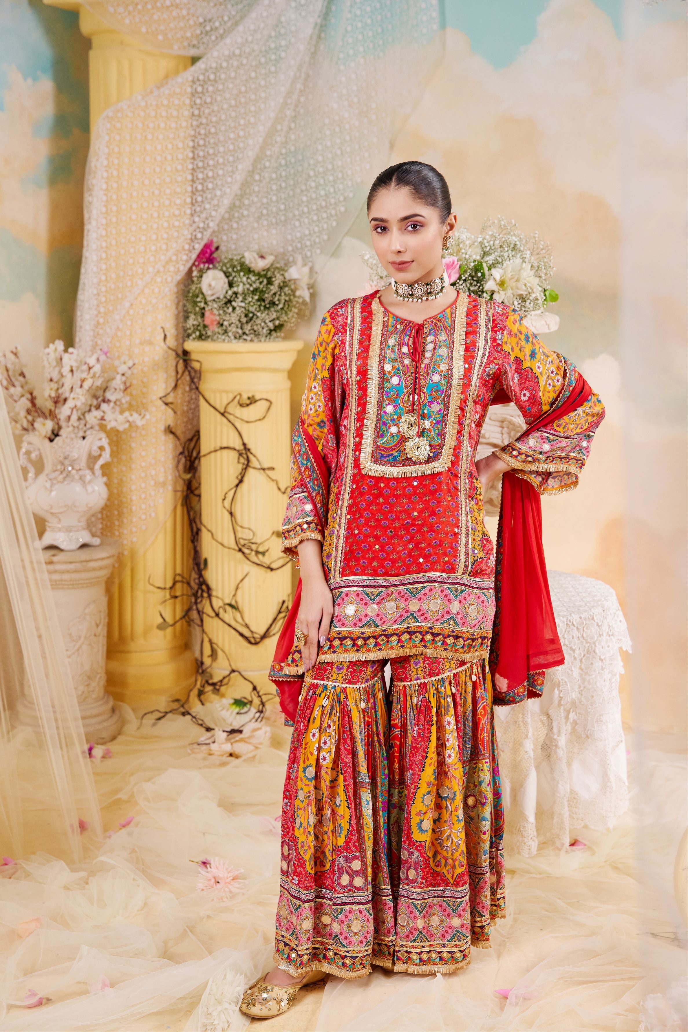 Red Traditional Printed Crepe Silk Sharara Set