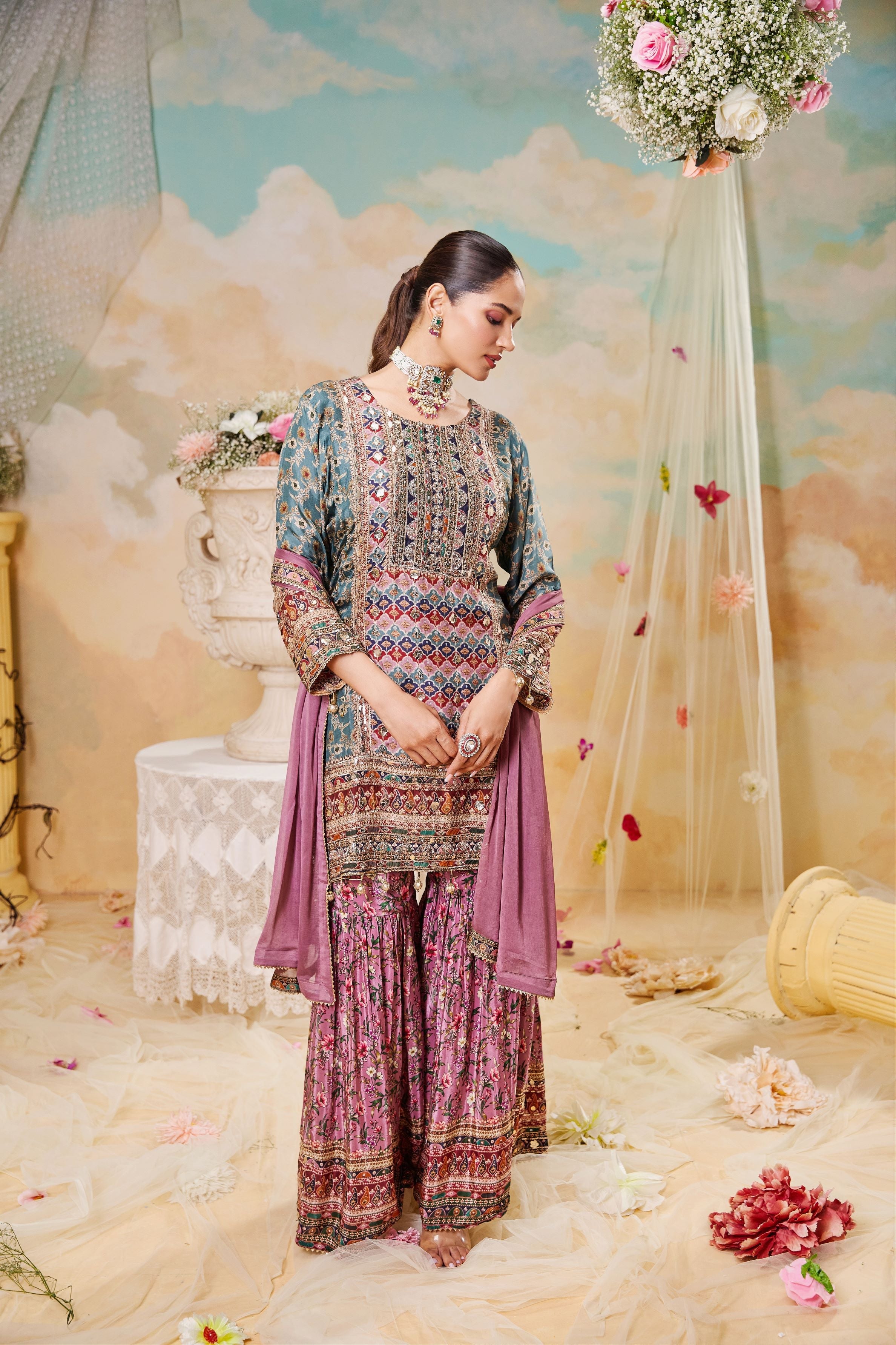 Dusty Mauve Traditional Printed Sharara Set