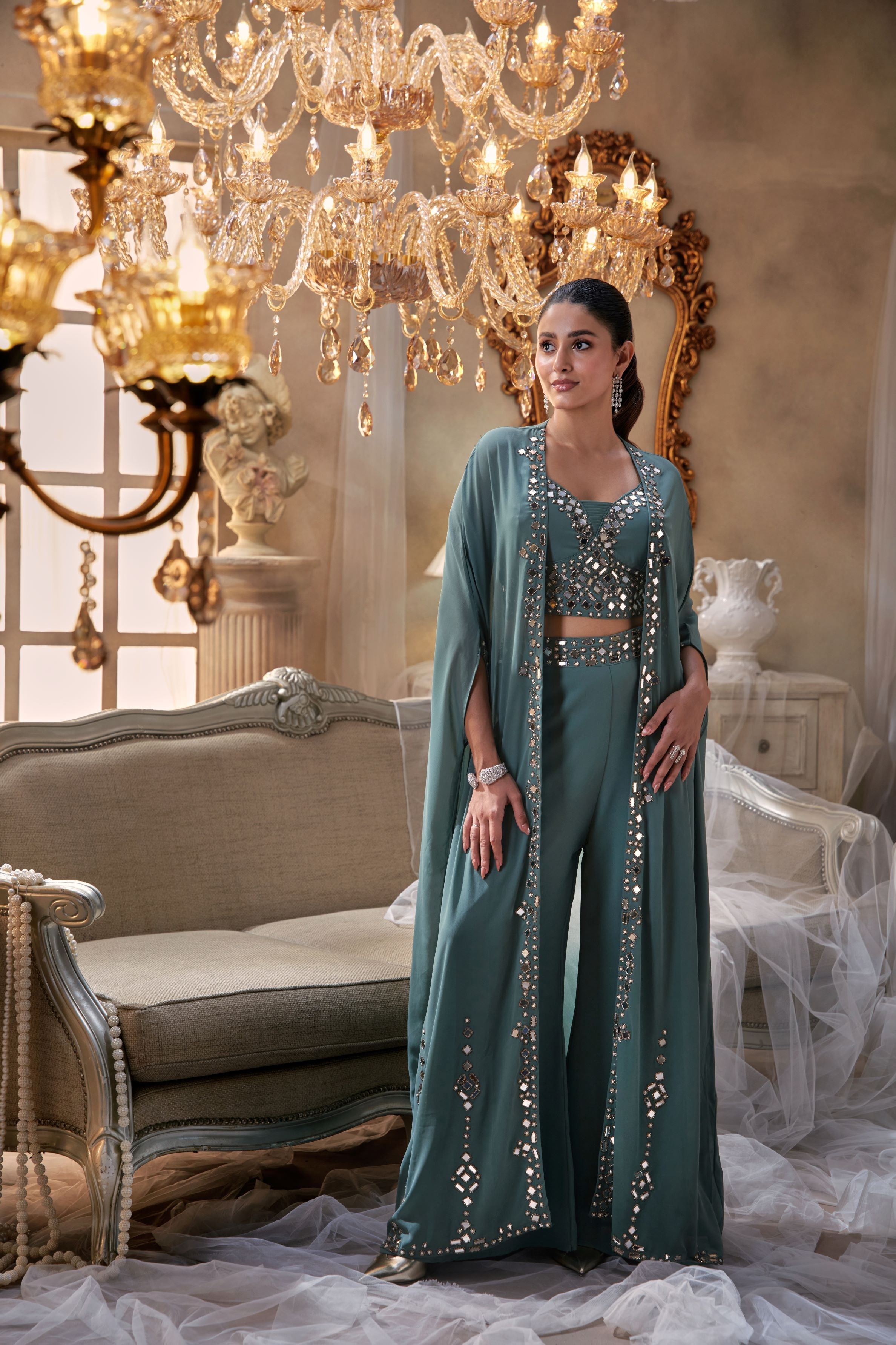 Sea Green Mirror Embellished Cape Set