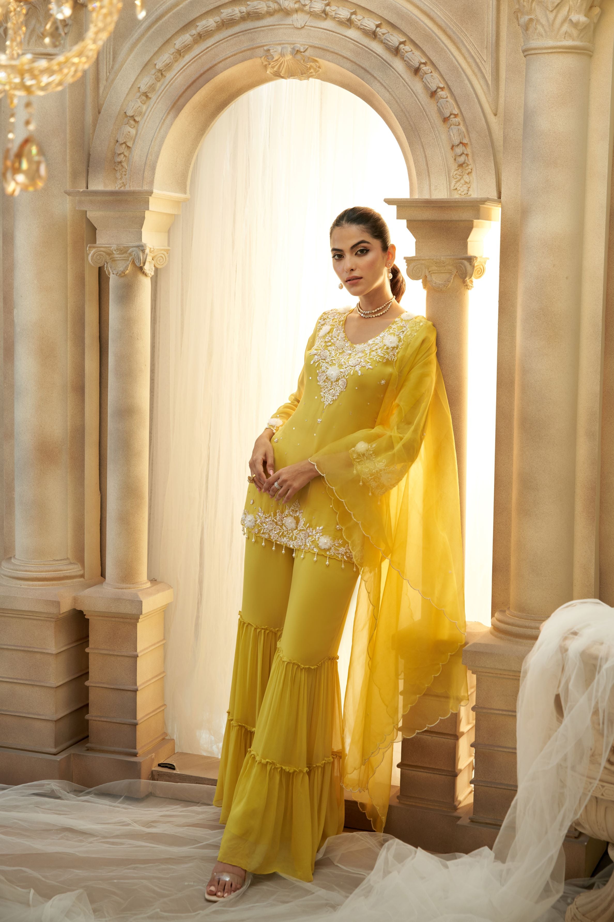 Yellow Embellished Organza Silk Sharara Set