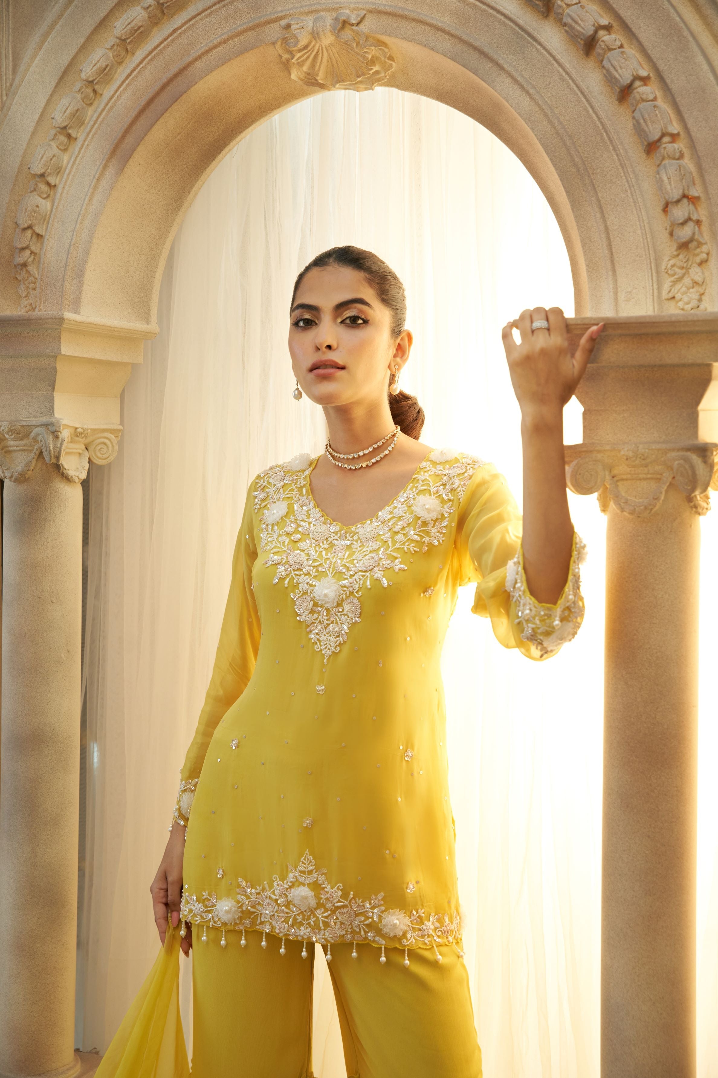 Yellow Embellished Organza Silk Sharara Set