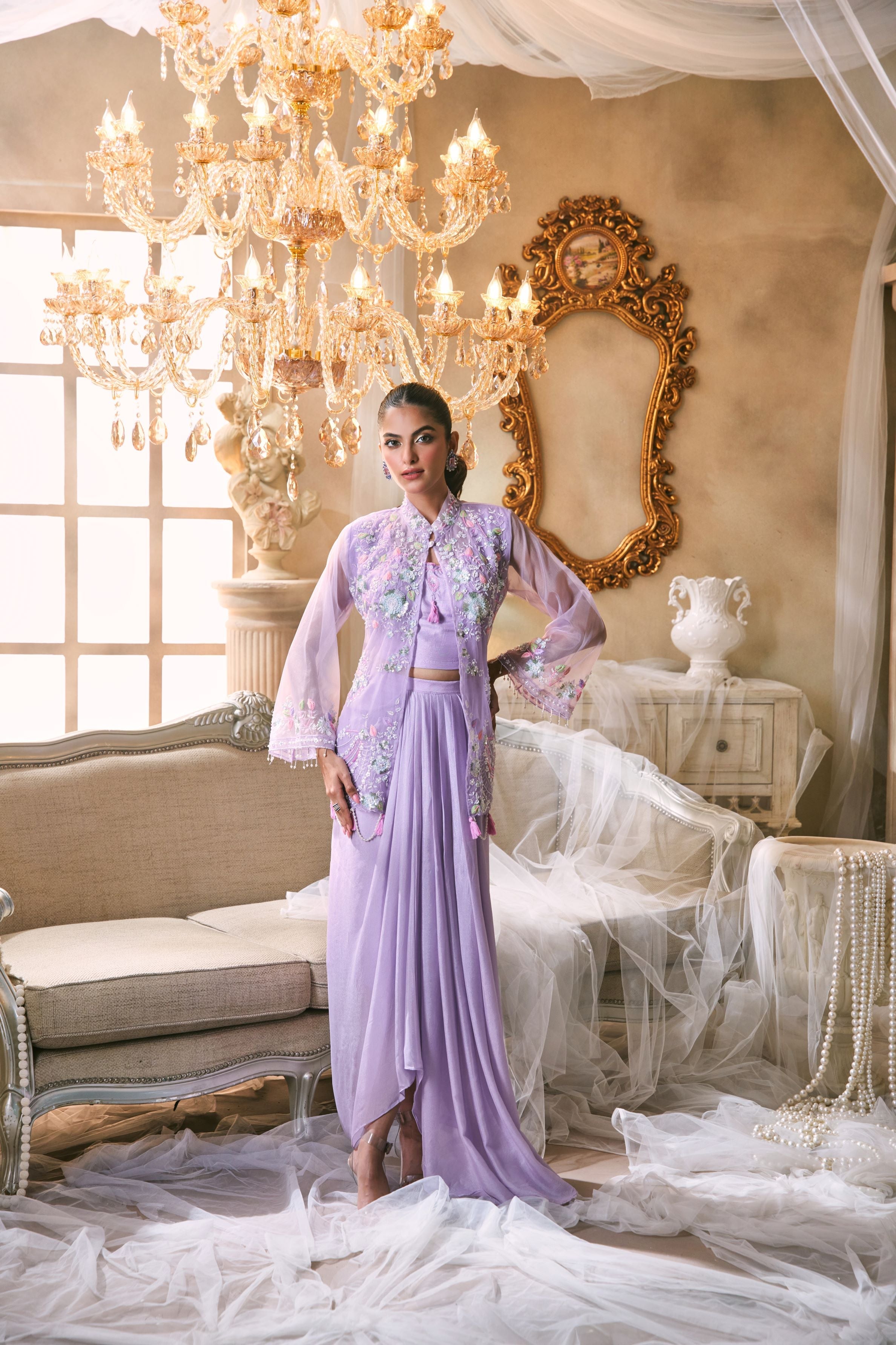 Lilac Embroidered Organza Silk Jacket Skirt Set