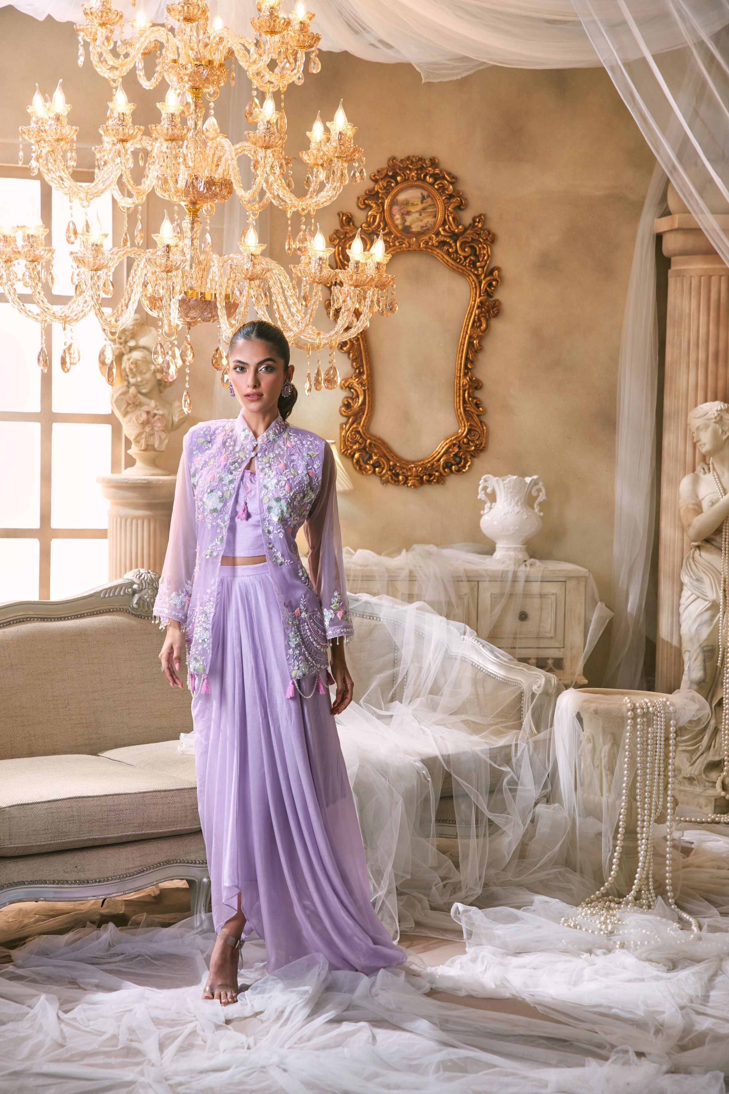 Lilac Embroidered Organza Silk Jacket Skirt Set