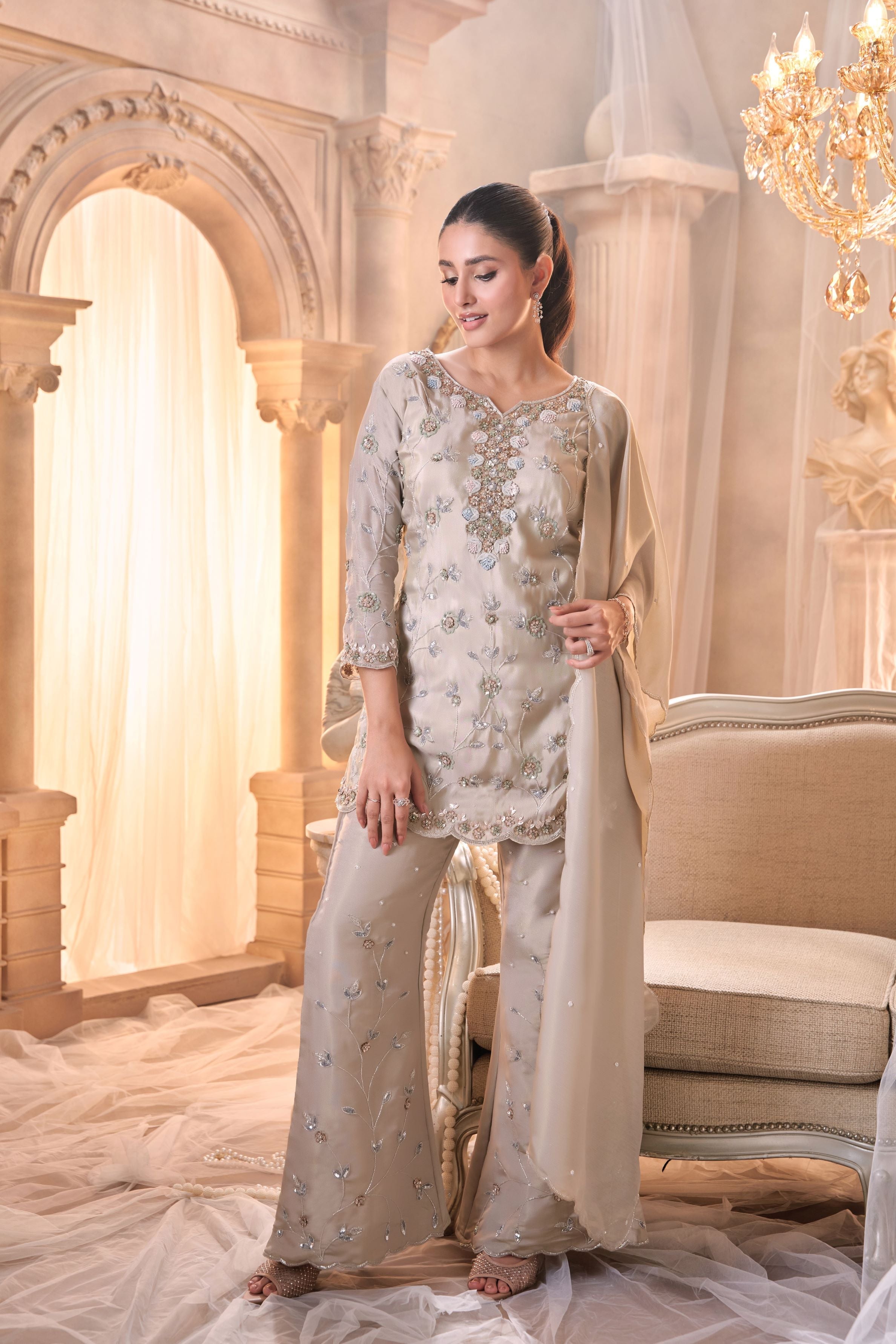 Sage Grey Embellished Shimmer Silk Pants Set