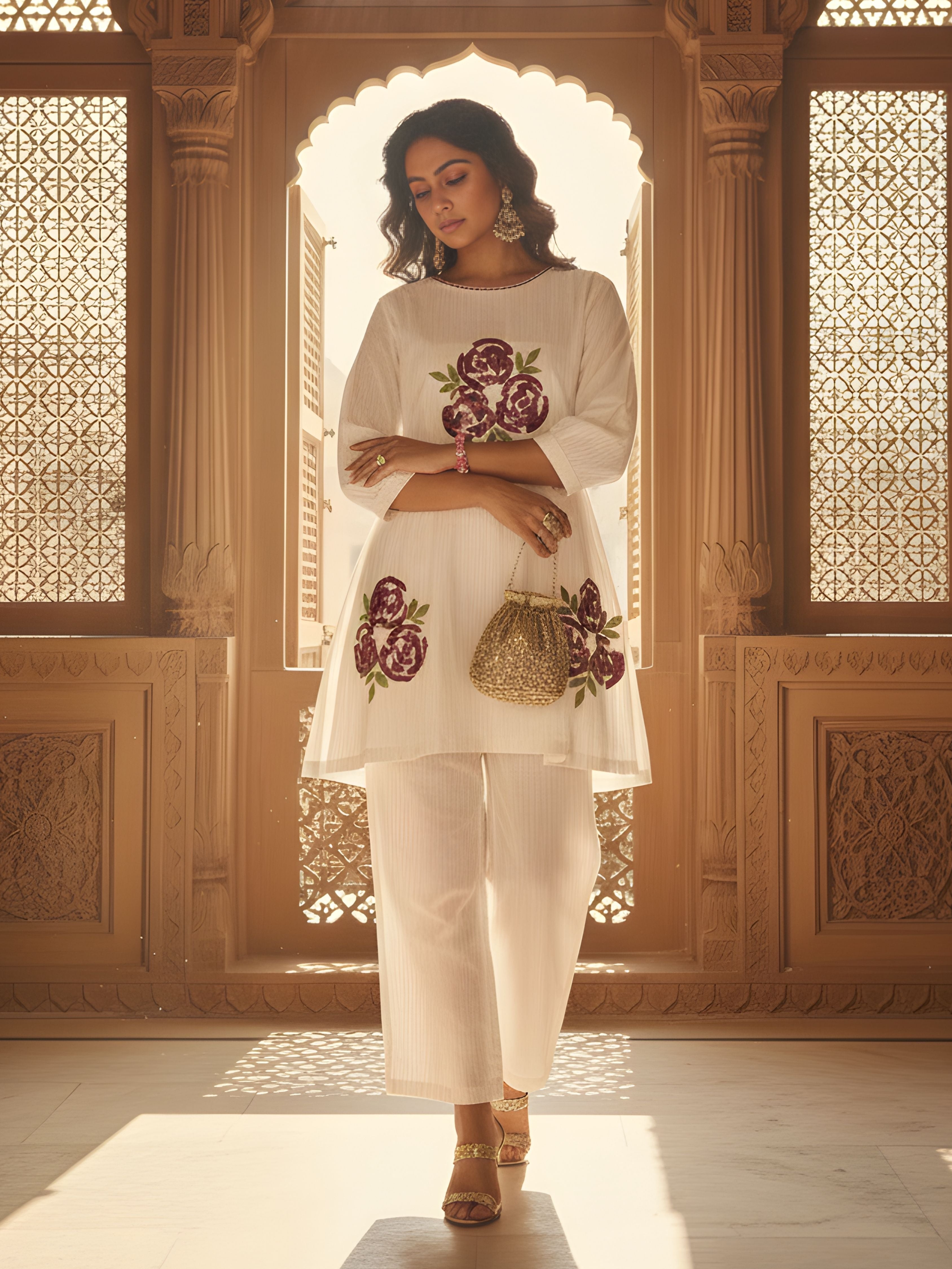 White Floral Embroidered Cotton Co-Ord Set