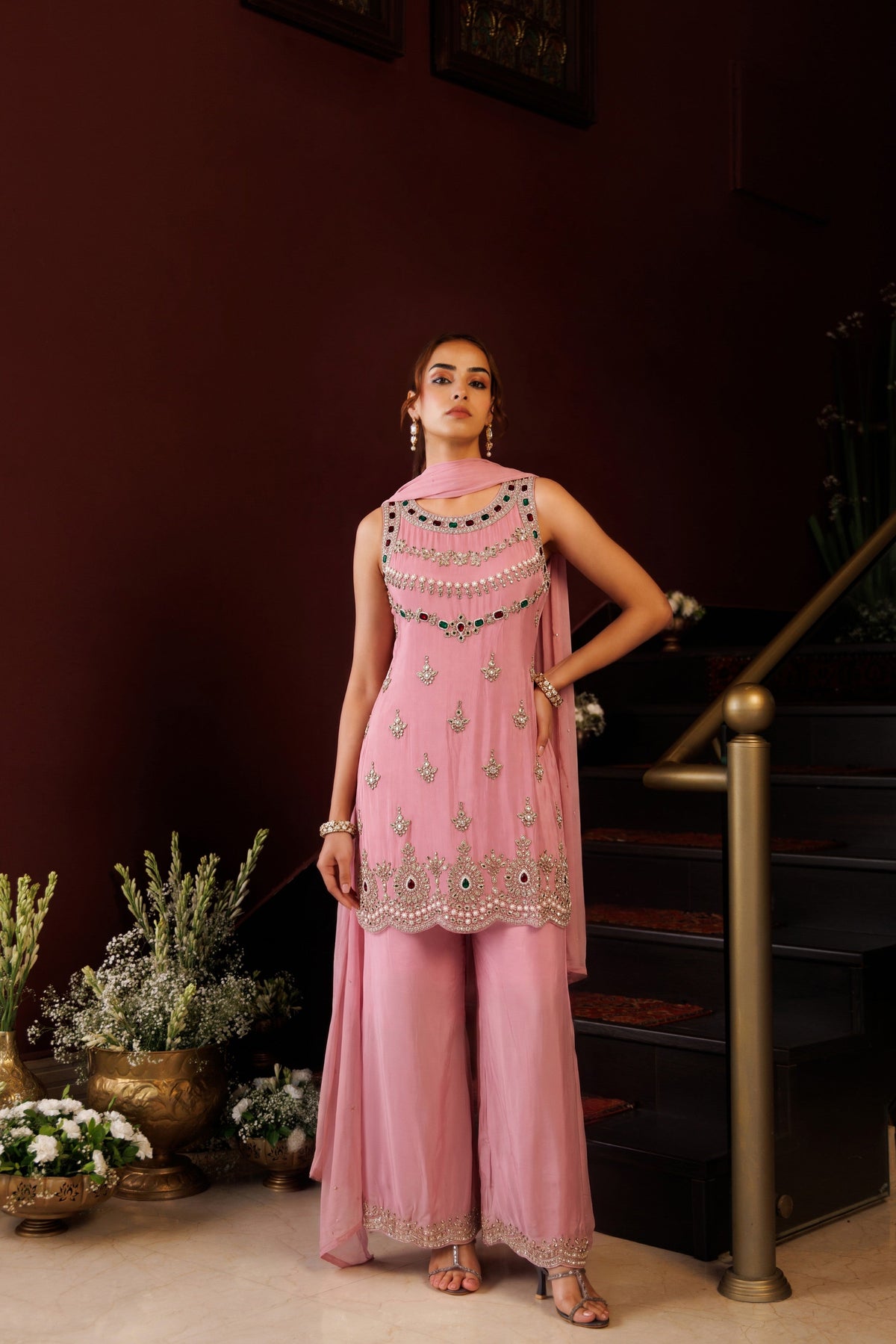 Candy Pink Embellished Crepe Silk Palazzo Set