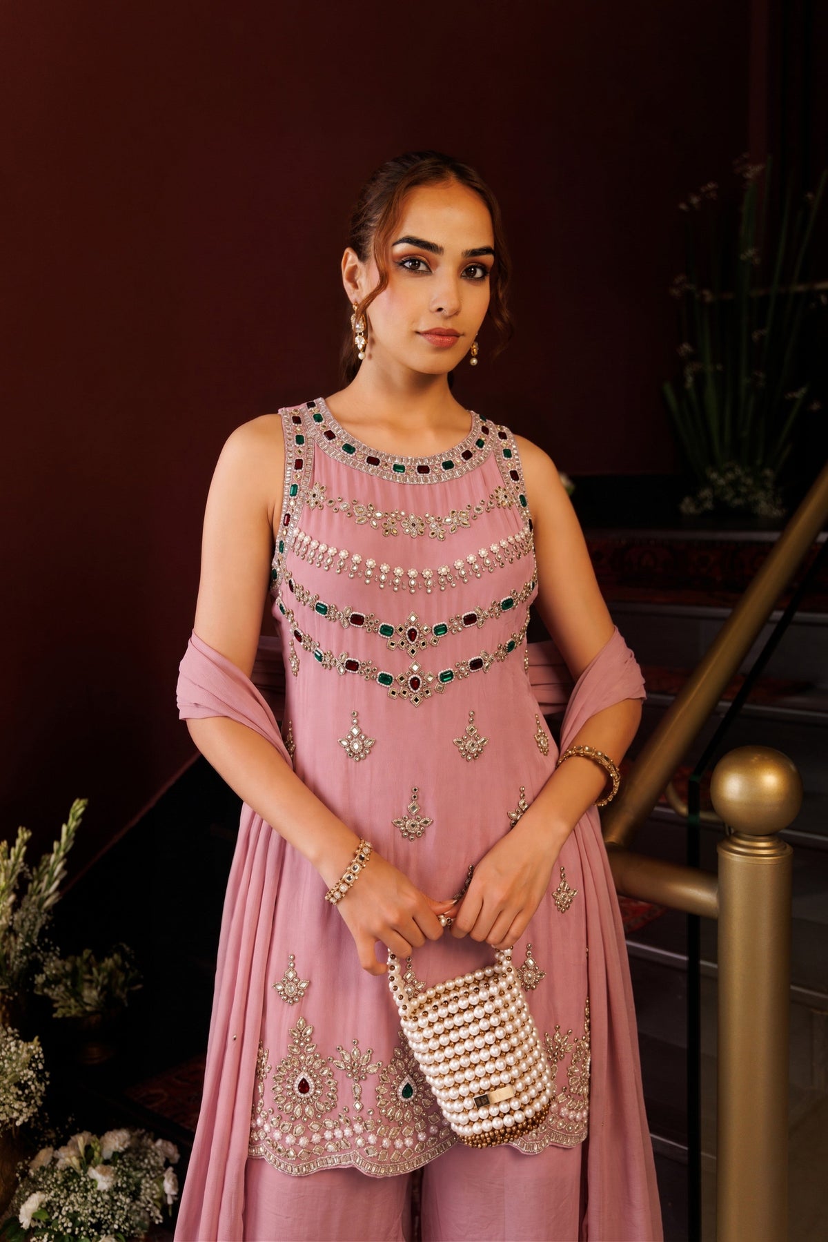 Candy Pink Embellished Crepe Silk Palazzo Set