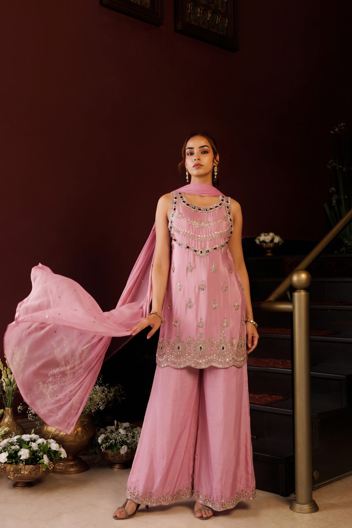 Candy Pink Embellished Crepe Silk Palazzo Set