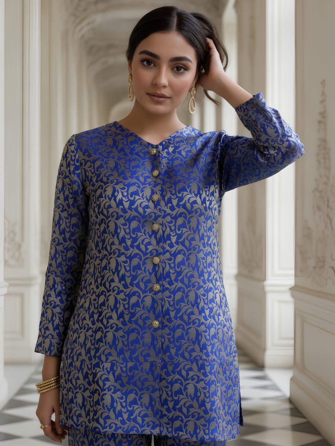 Royal Blue Embellished Jacquard Silk Co-Ord Set