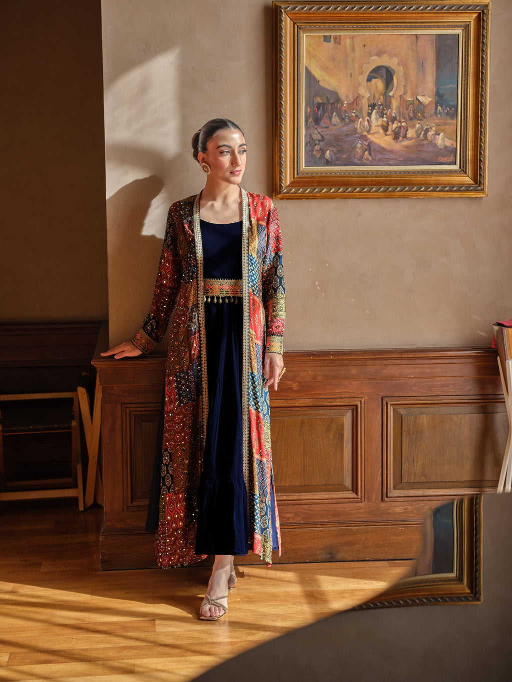 Deep Blue Traditional Printed Premium Silk Jacket Gown M / Premium Silk / Ready To Ship