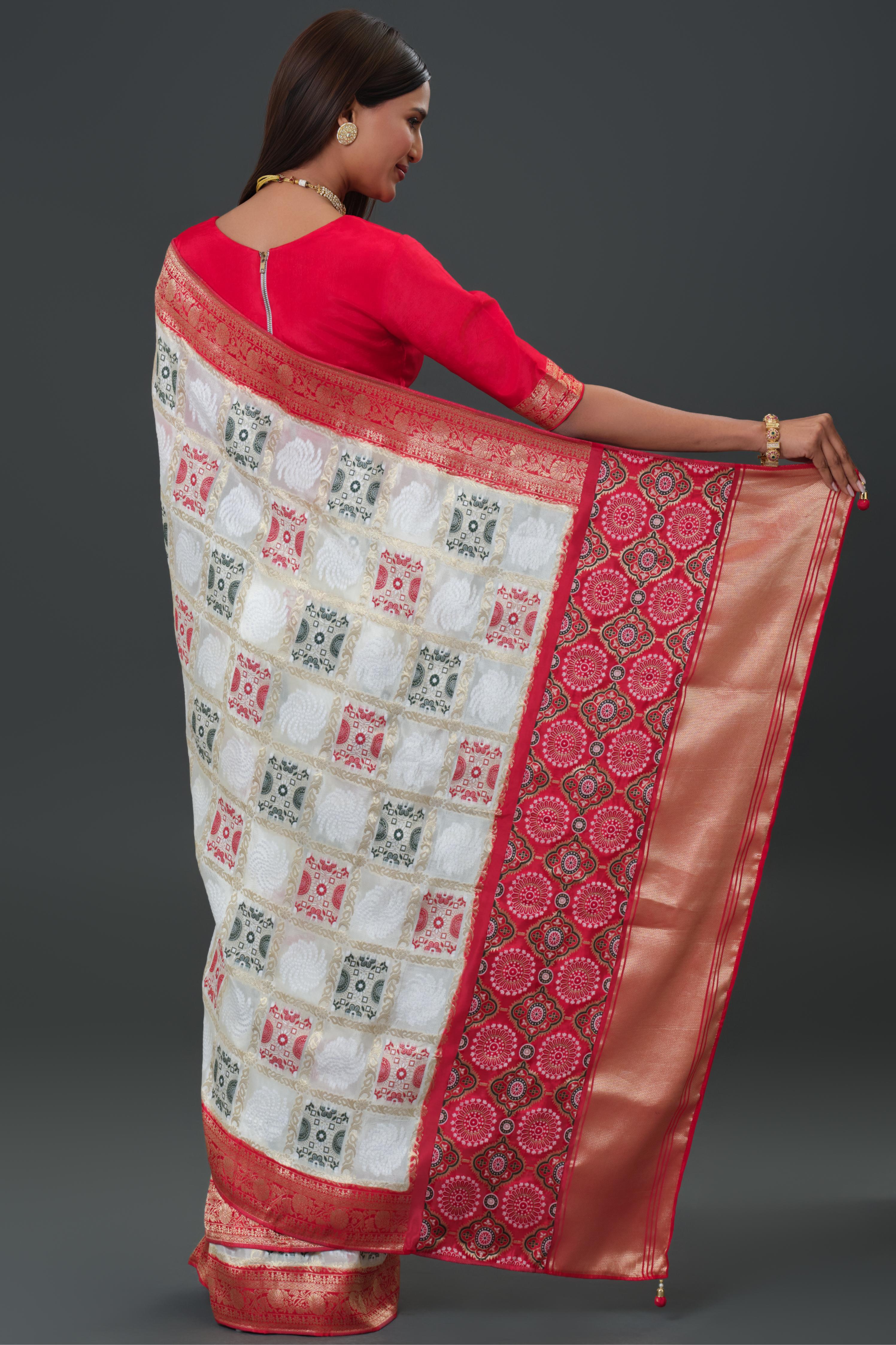 White Woven Cosmo Silk Saree