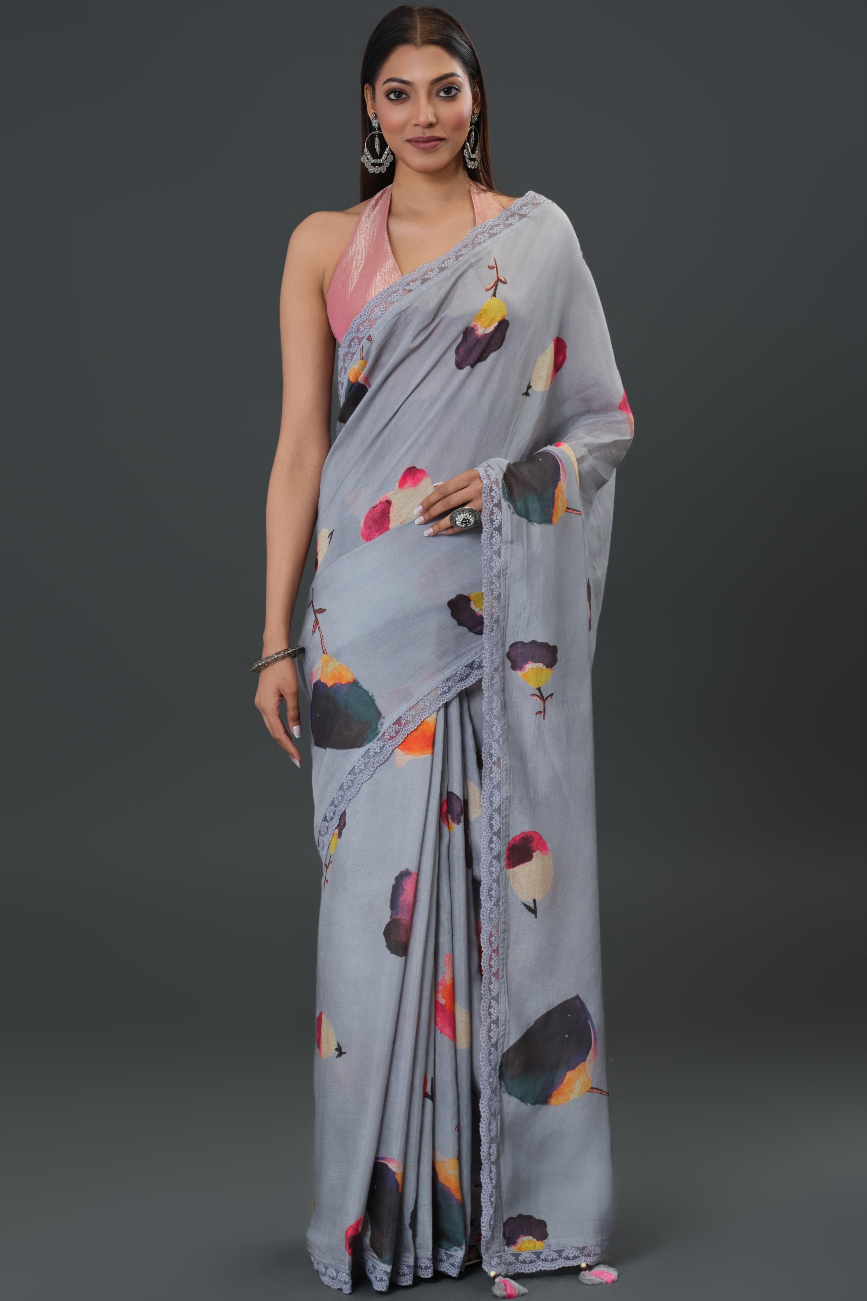 Greyish Floral Printed Muslin Silk Saree
