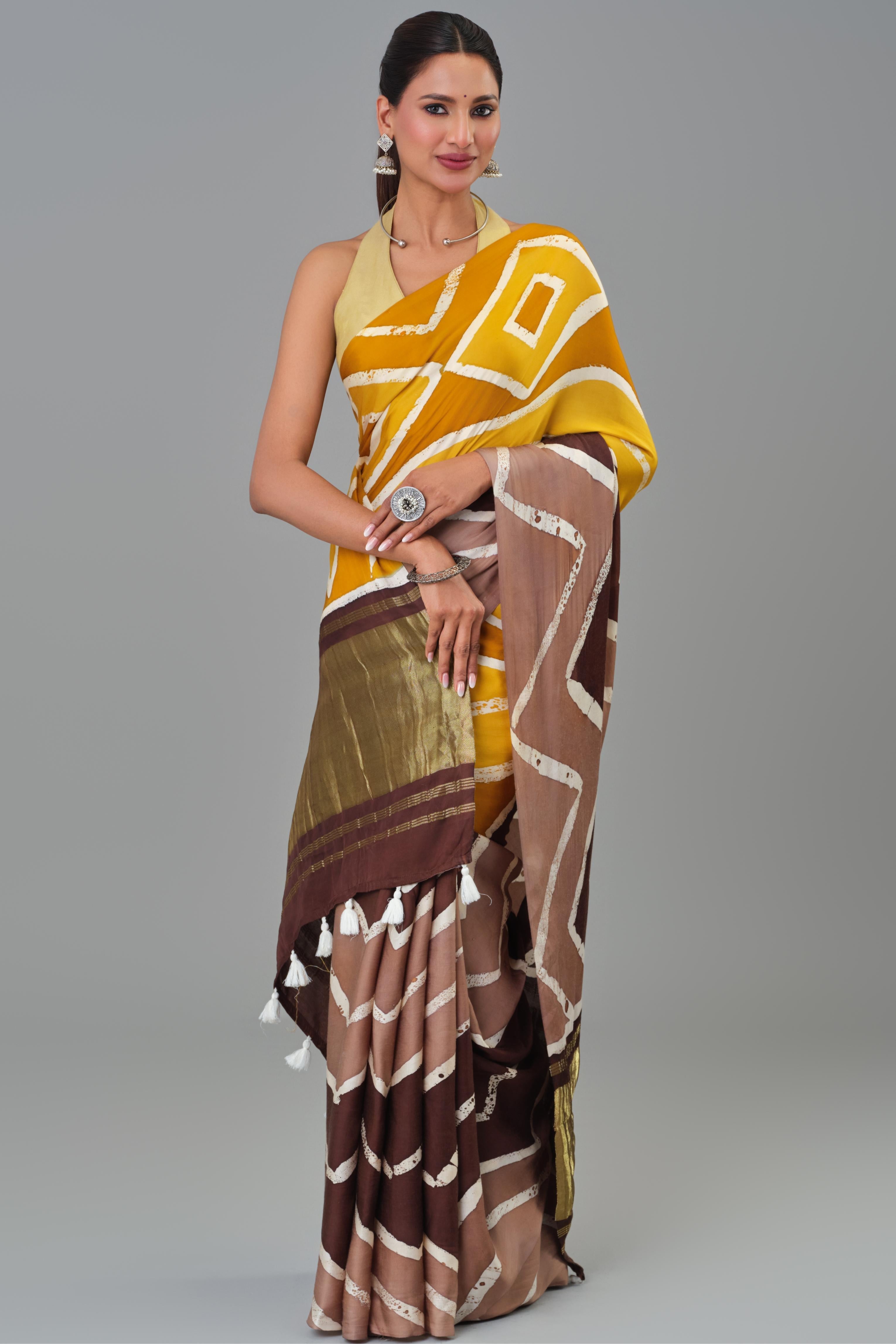 Yellow Hand Block Printed Satin Silk Saree