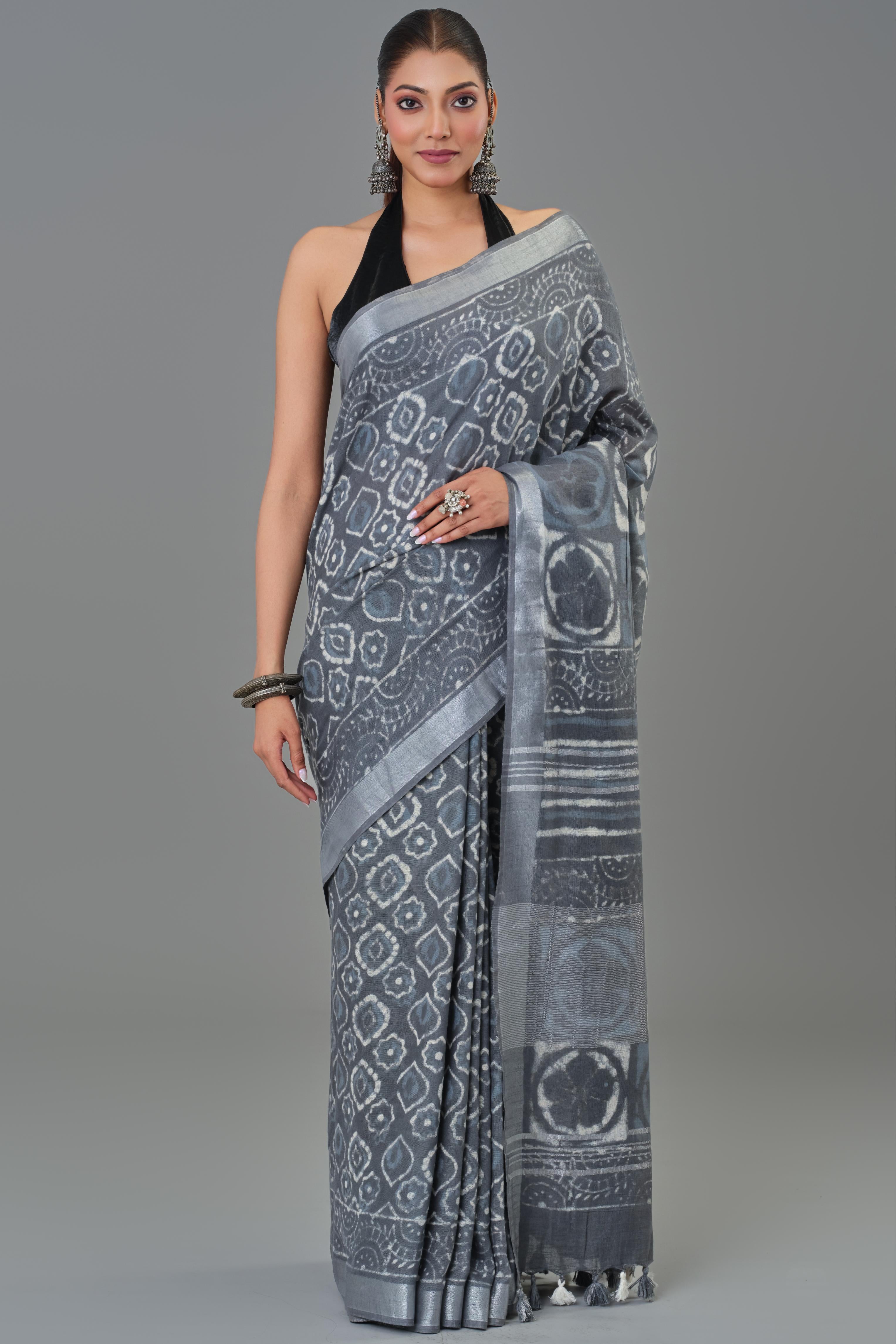 Grey Dabu Hand Block Printed Linen Saree