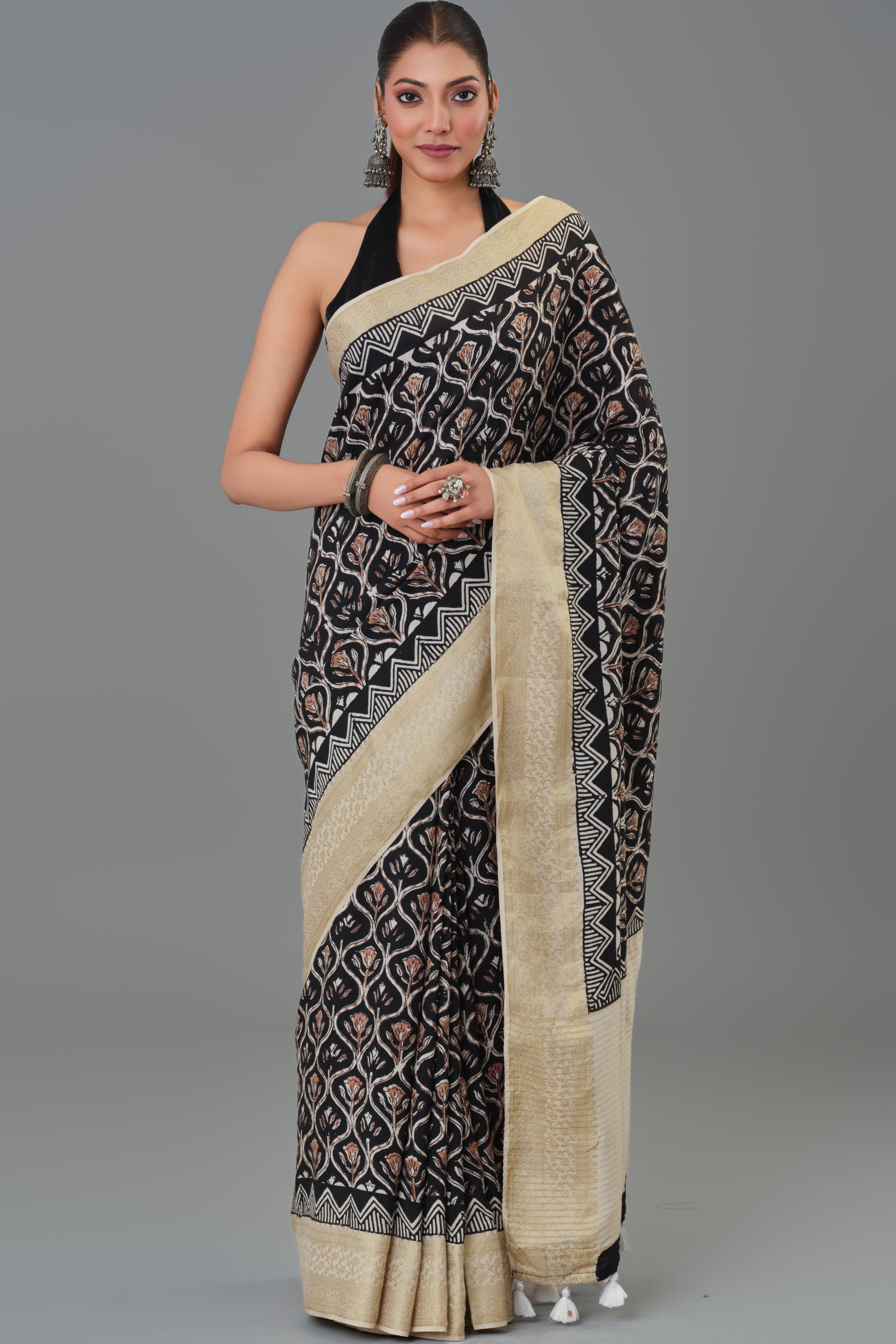 Black Hand Block Printed Dola Silk Saree