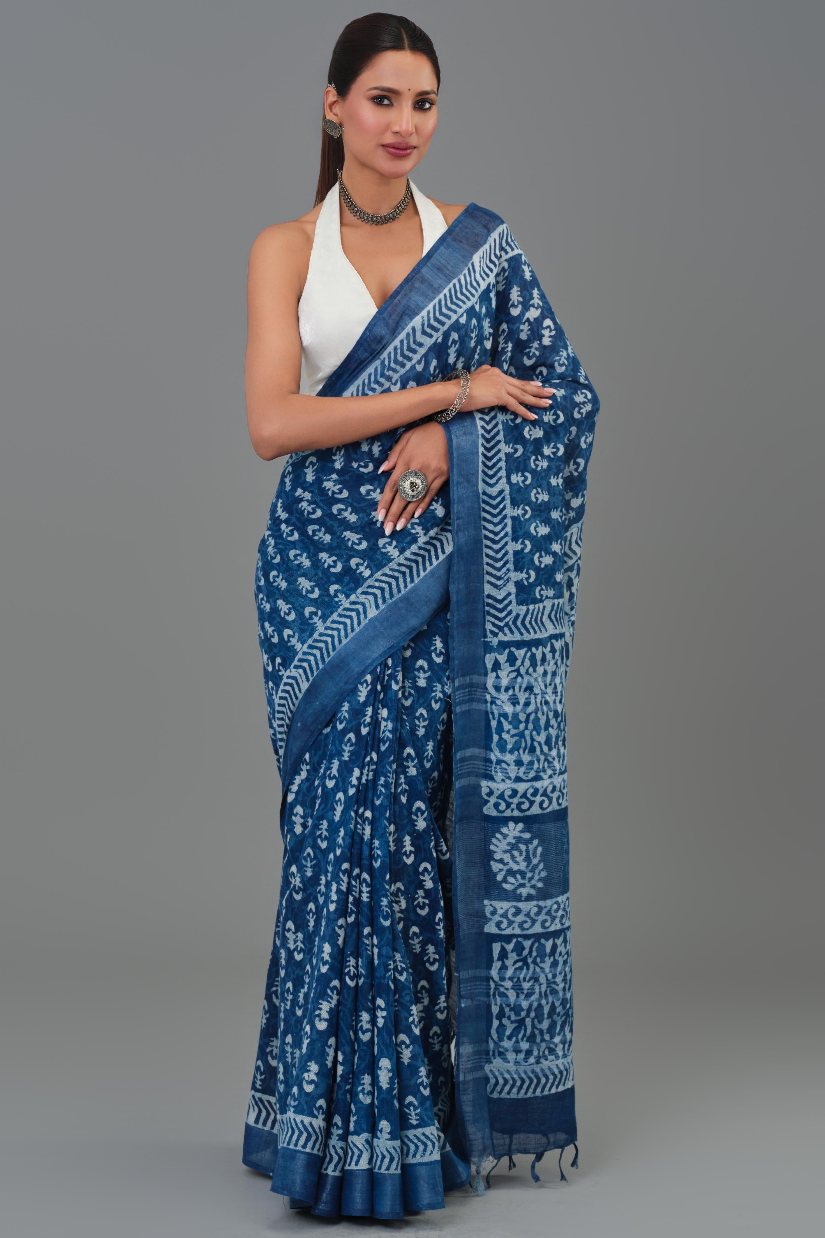 Indigo Hand Block Printed Linen Saree