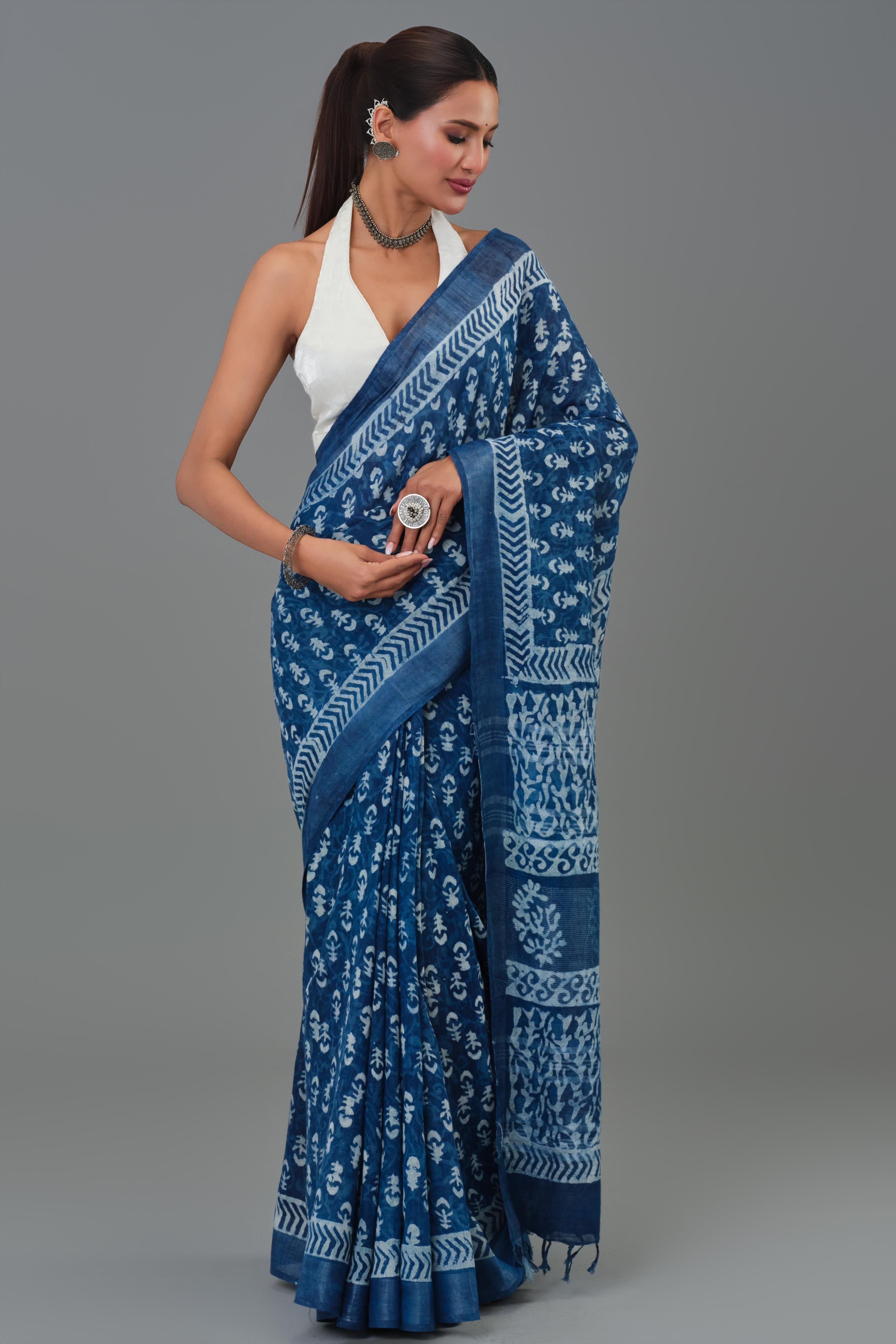 Indigo Hand Block Printed Linen Saree