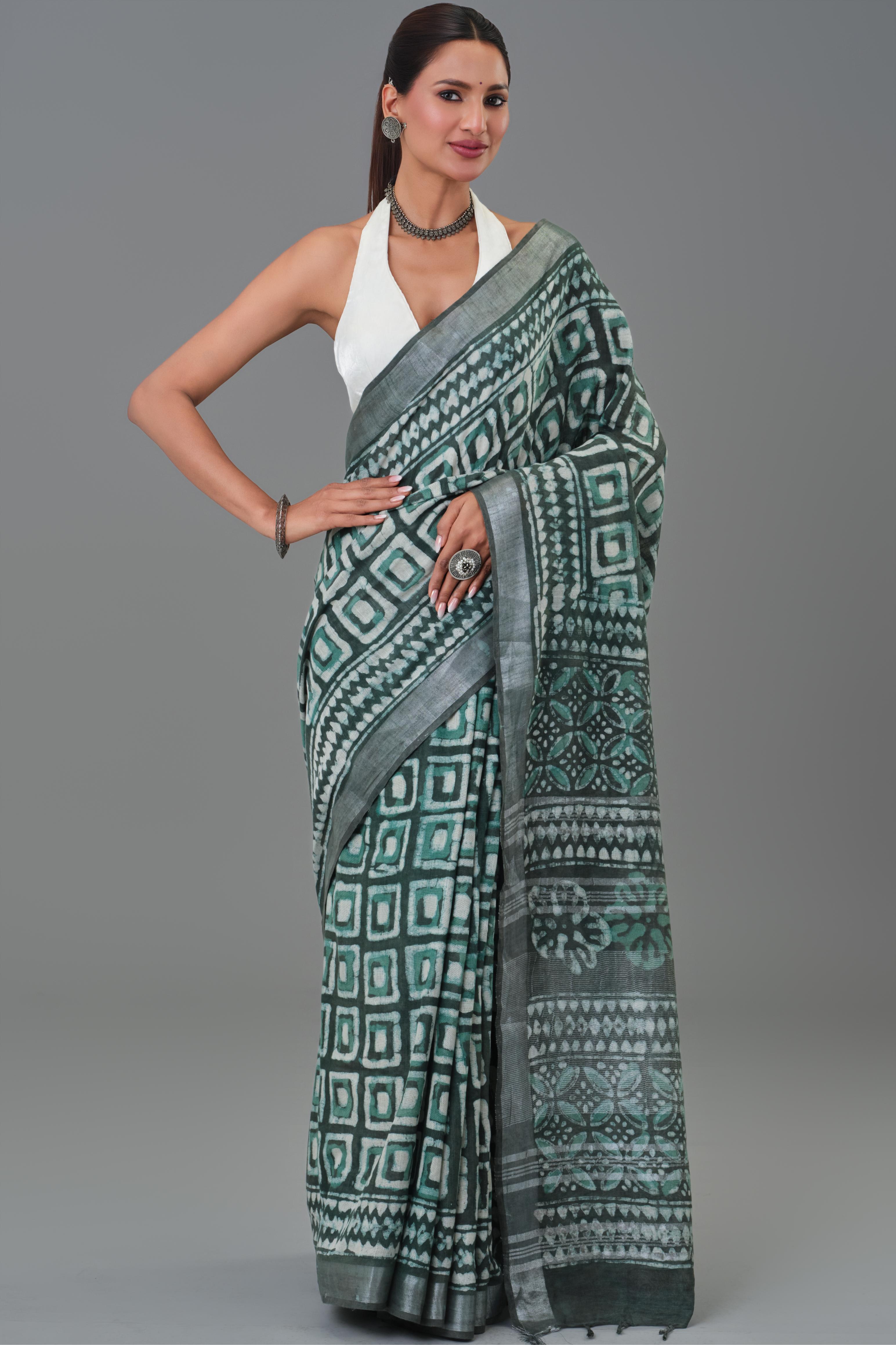 Teal Dabu Hand Block Printed Linen Saree