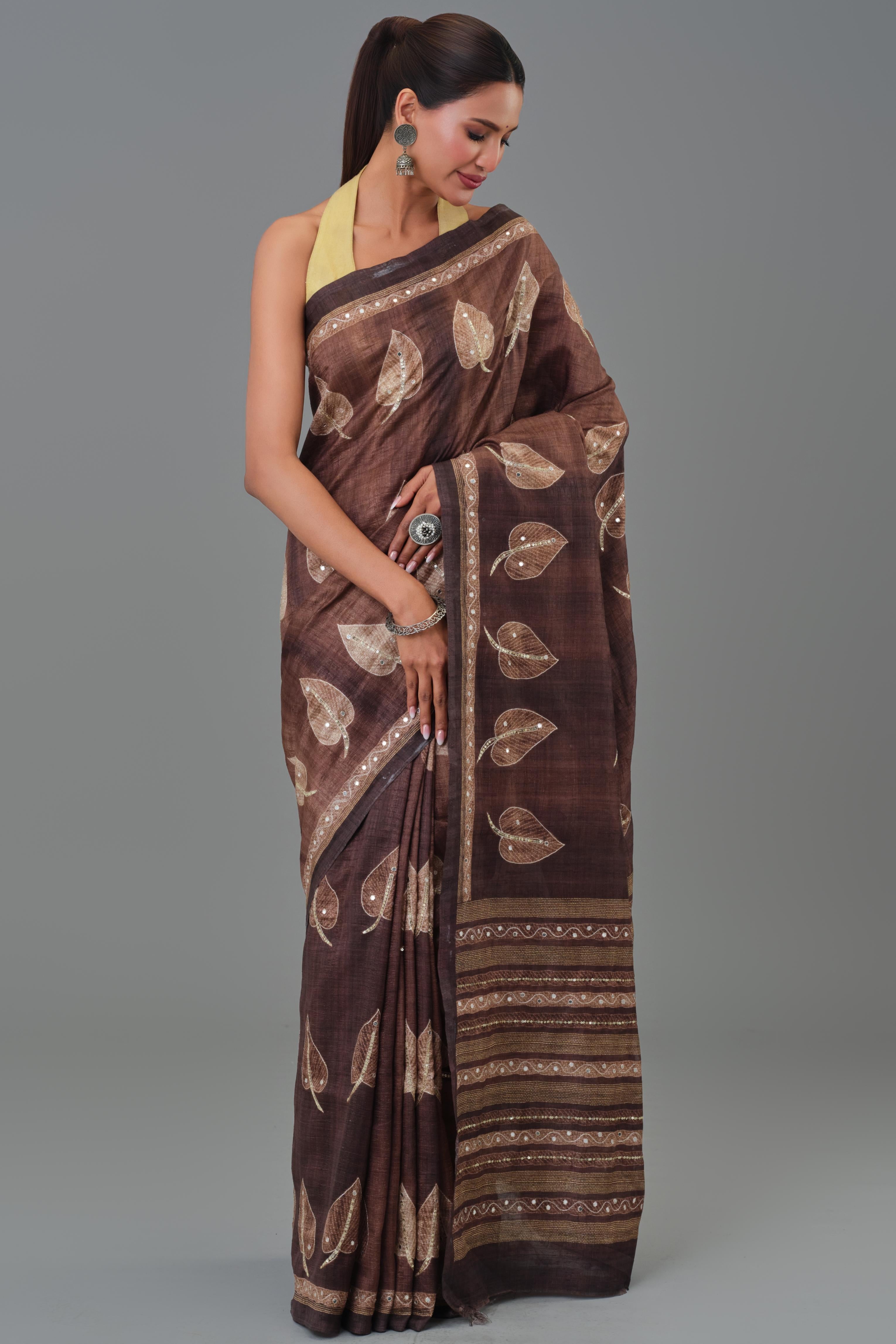 Brown Leaf Tussar Silk Saree