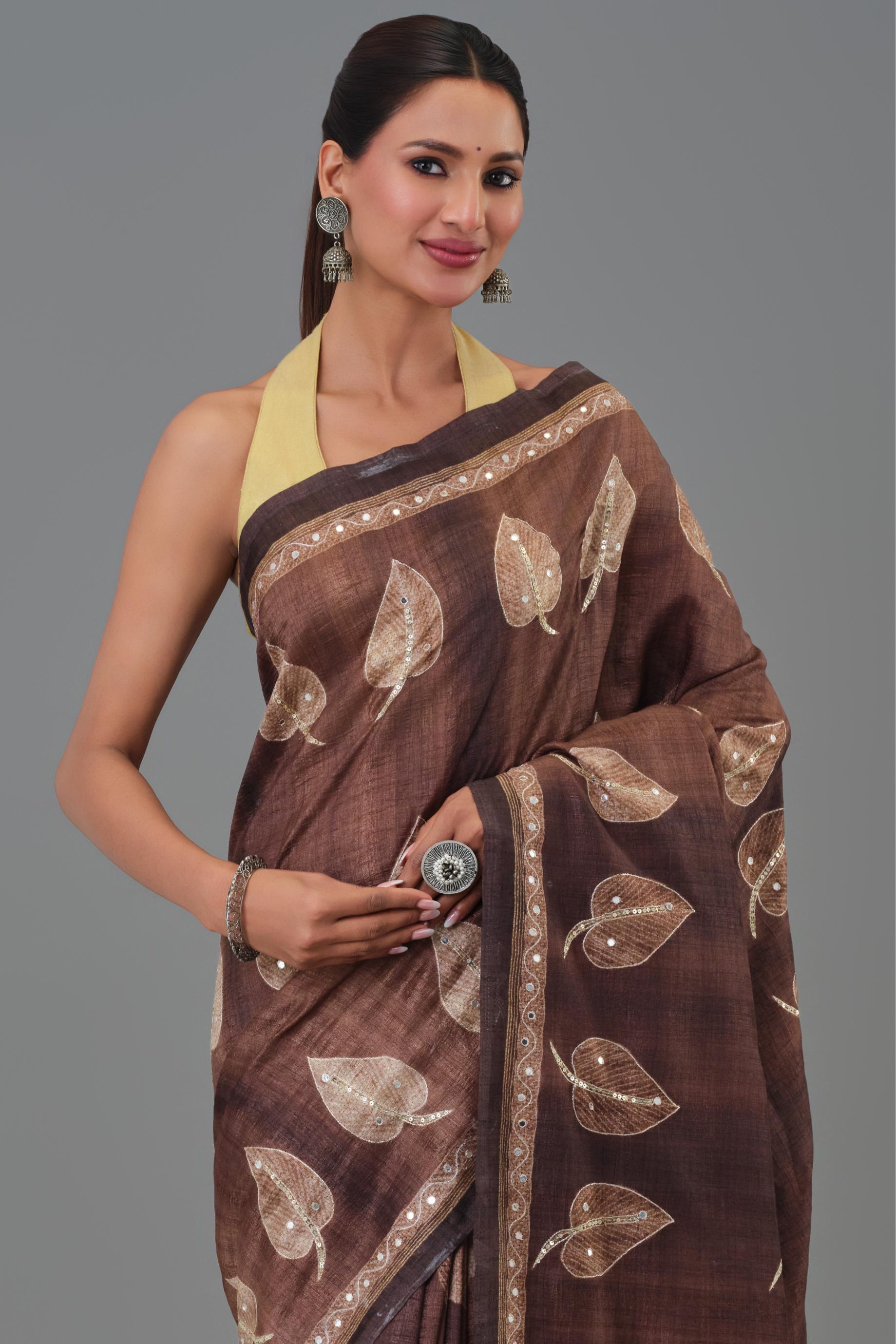Brown Leaf Tussar Silk Saree