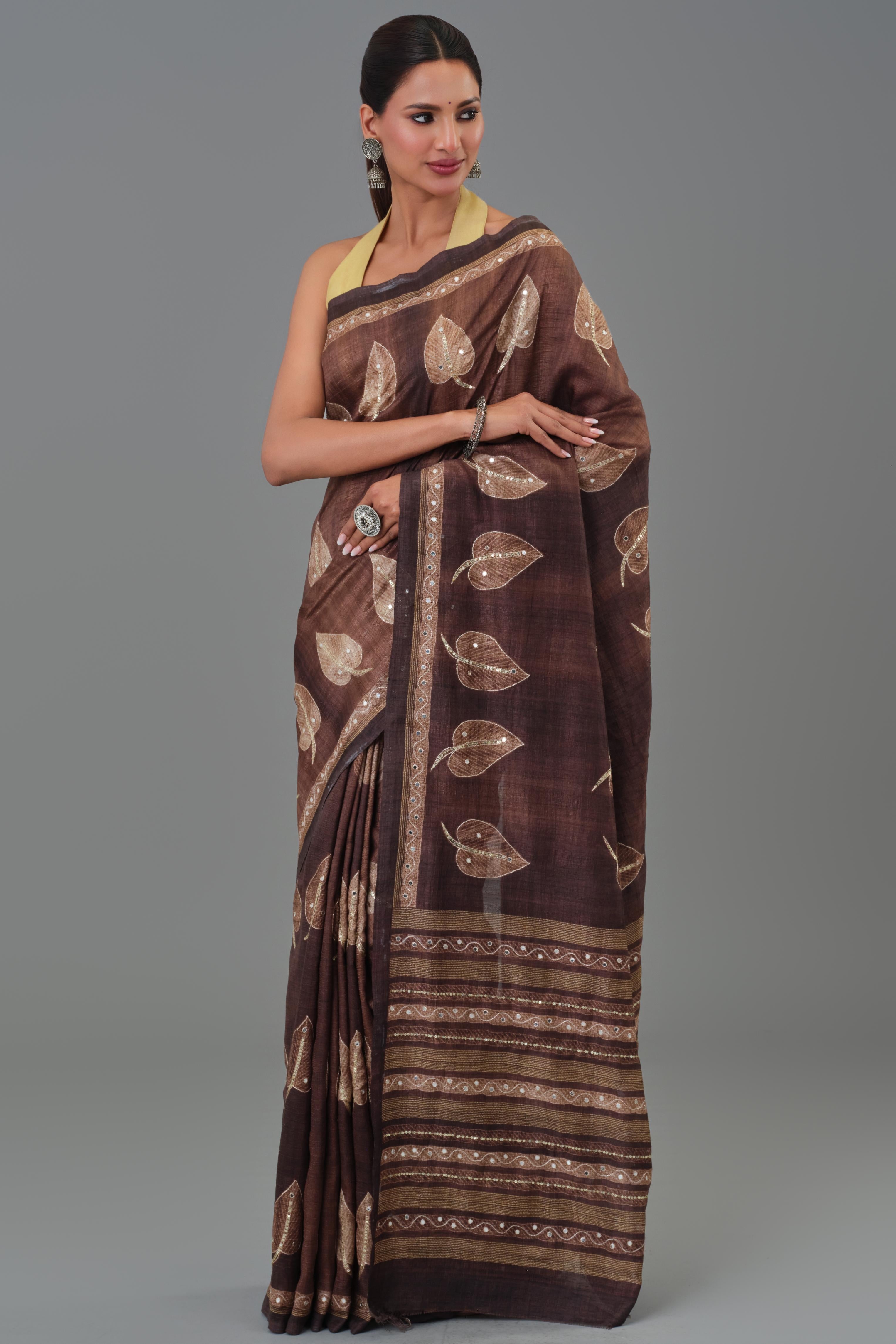 Brown Leaf Tussar Silk Saree