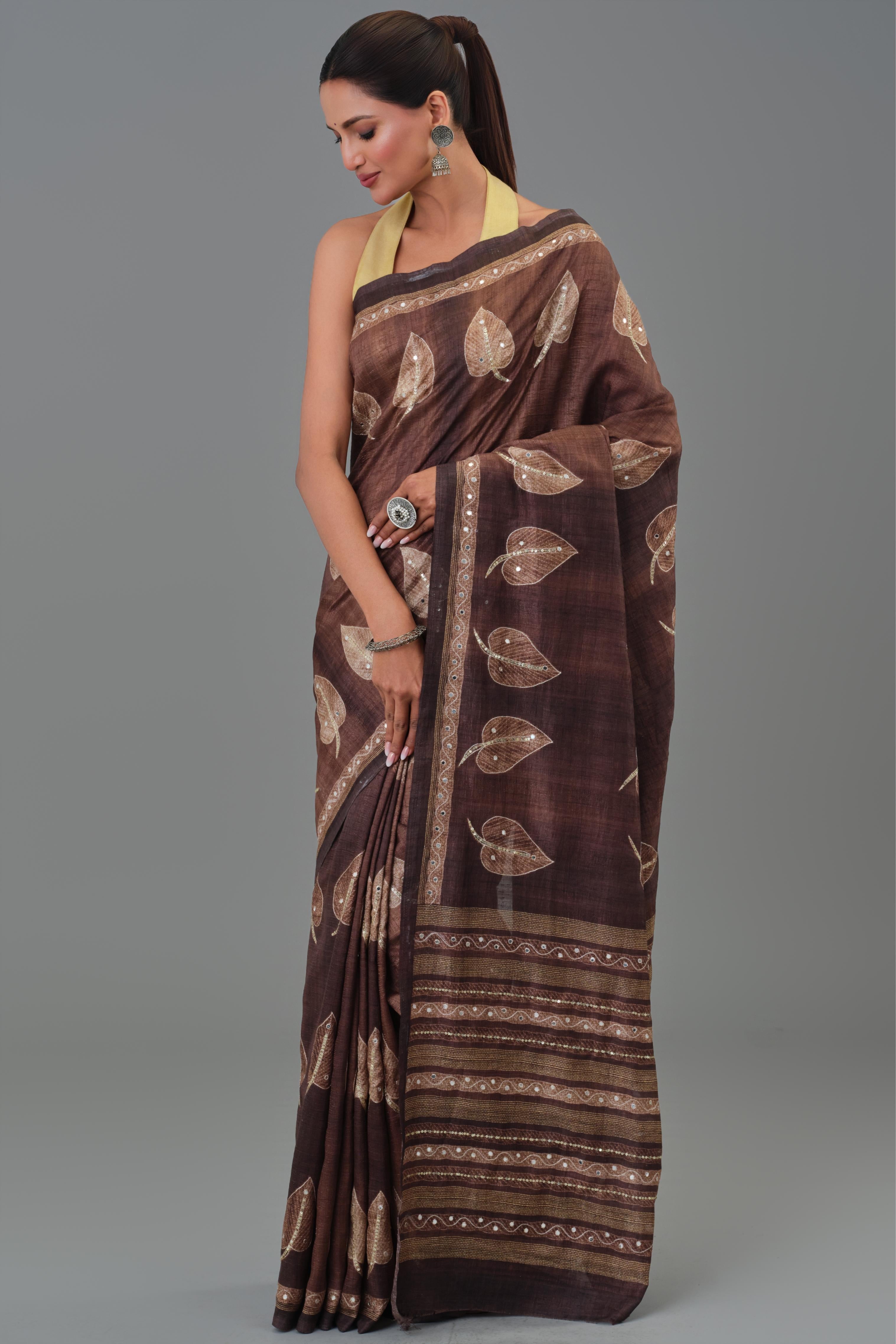 Brown Leaf Tussar Silk Saree