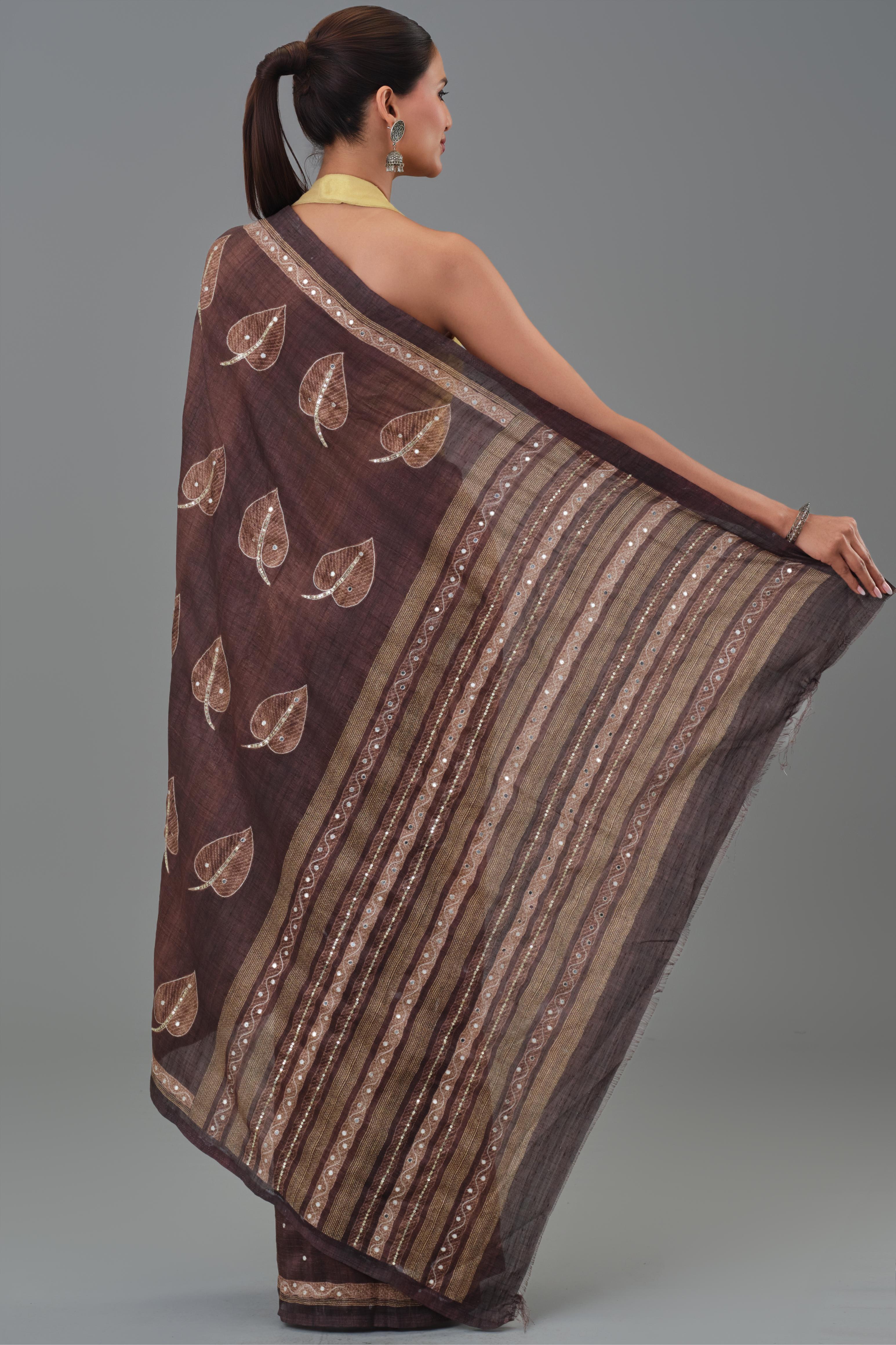 Brown Leaf Tussar Silk Saree