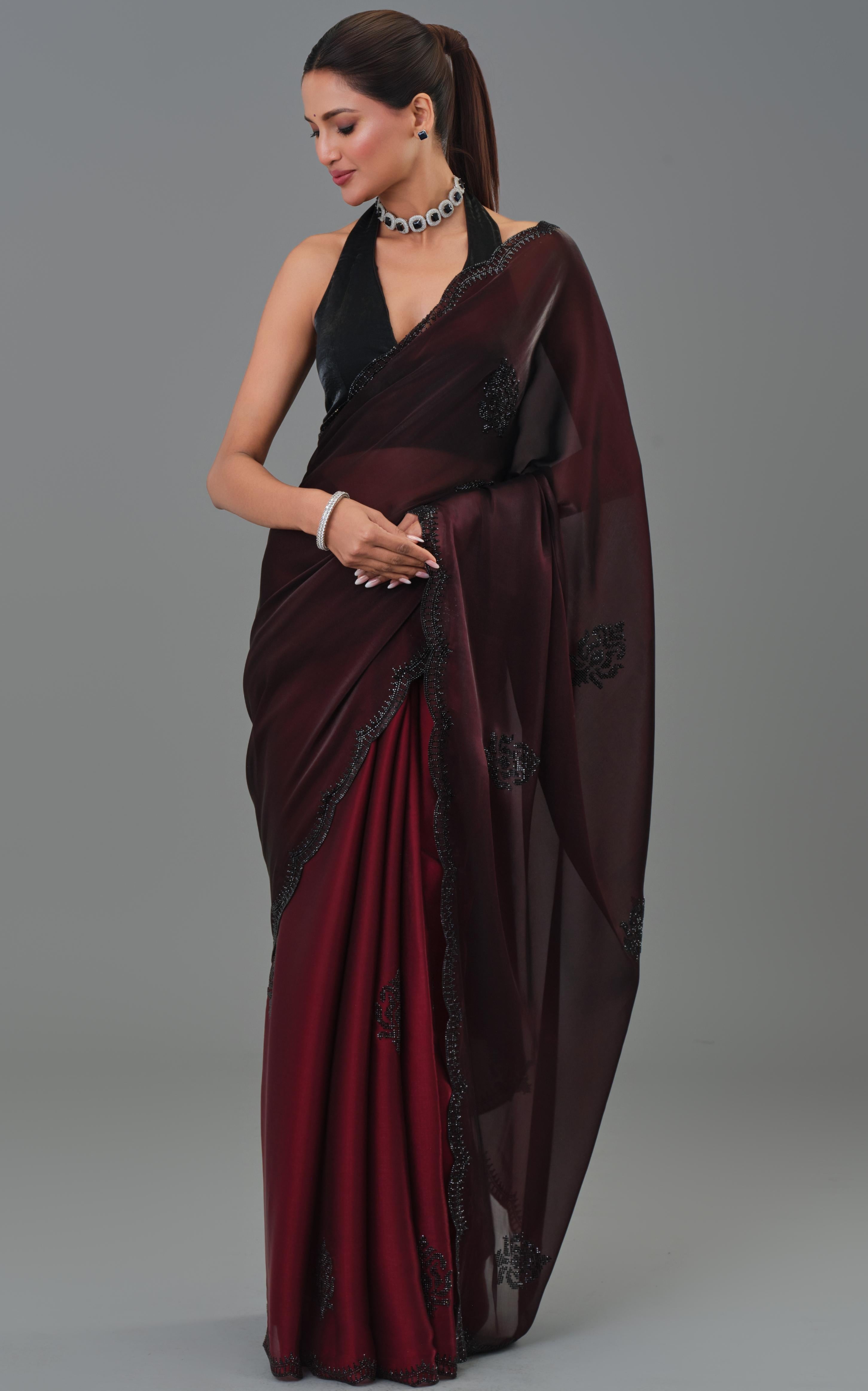 Wine Ombre Dyed Cosmo Tissue Silk Saree