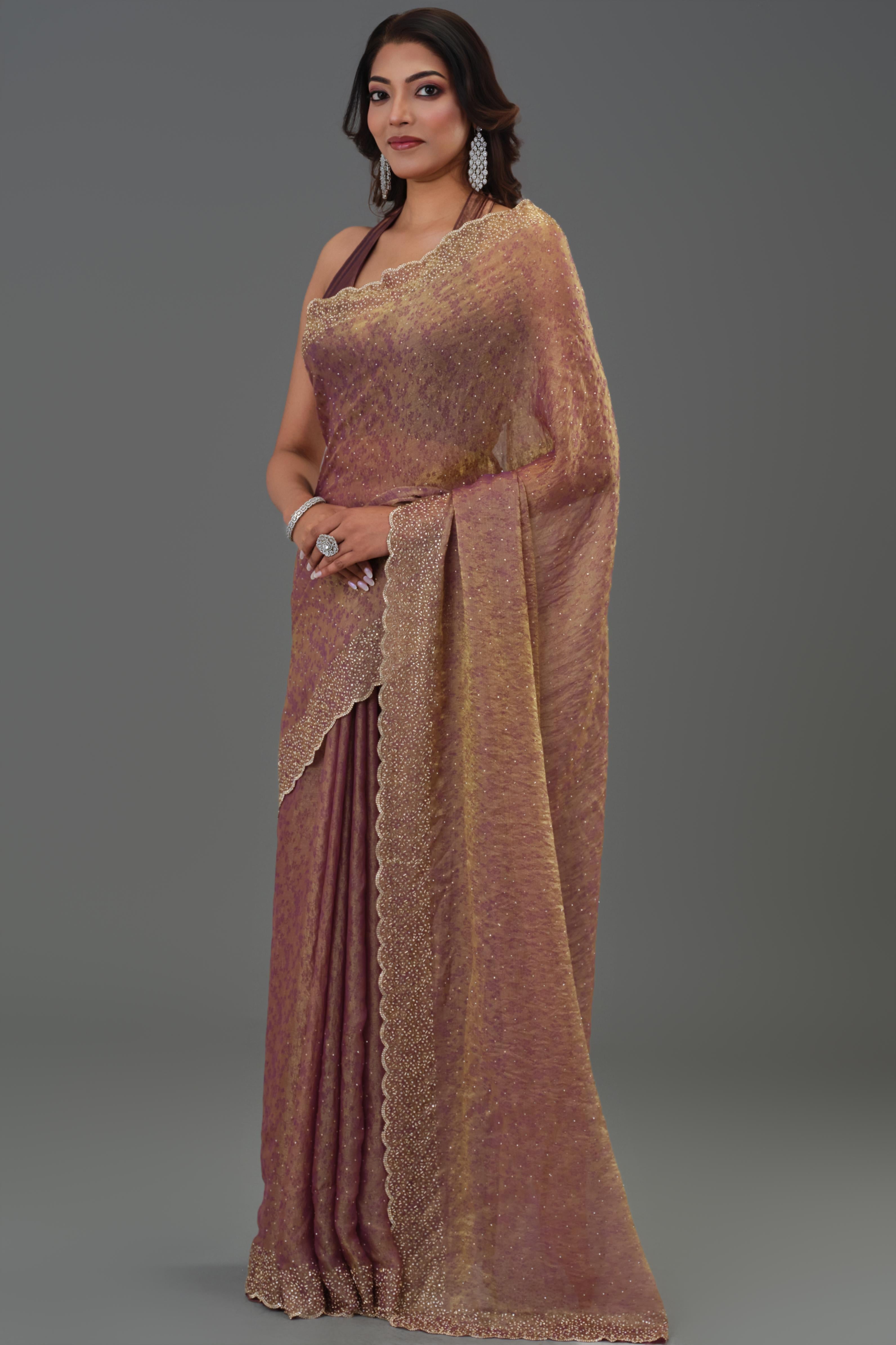 Rose Gold Embellished Cosmo Tissue Silk Saree