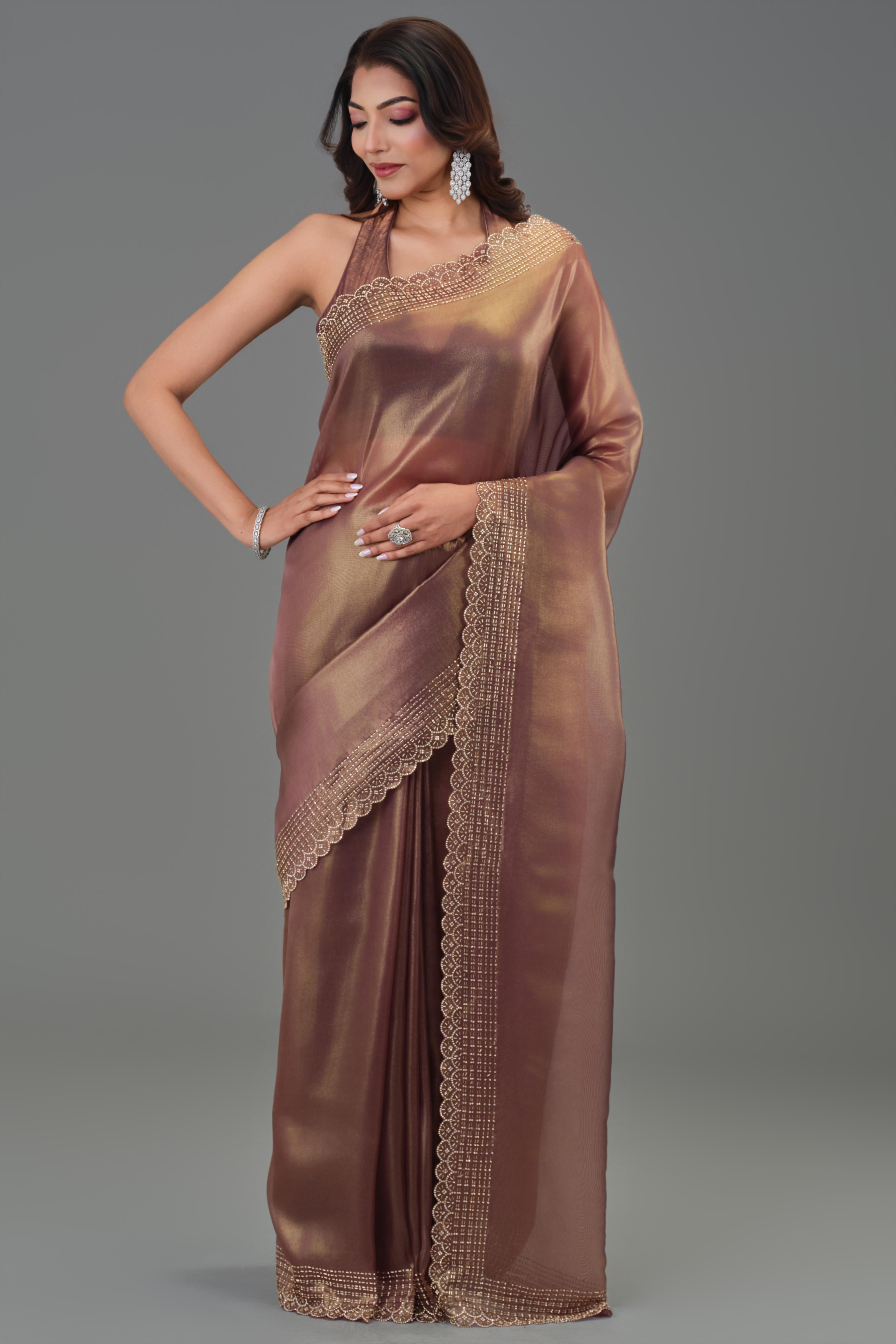 Metallic Brown Embellished Cosmo Tissue Silk Saree
