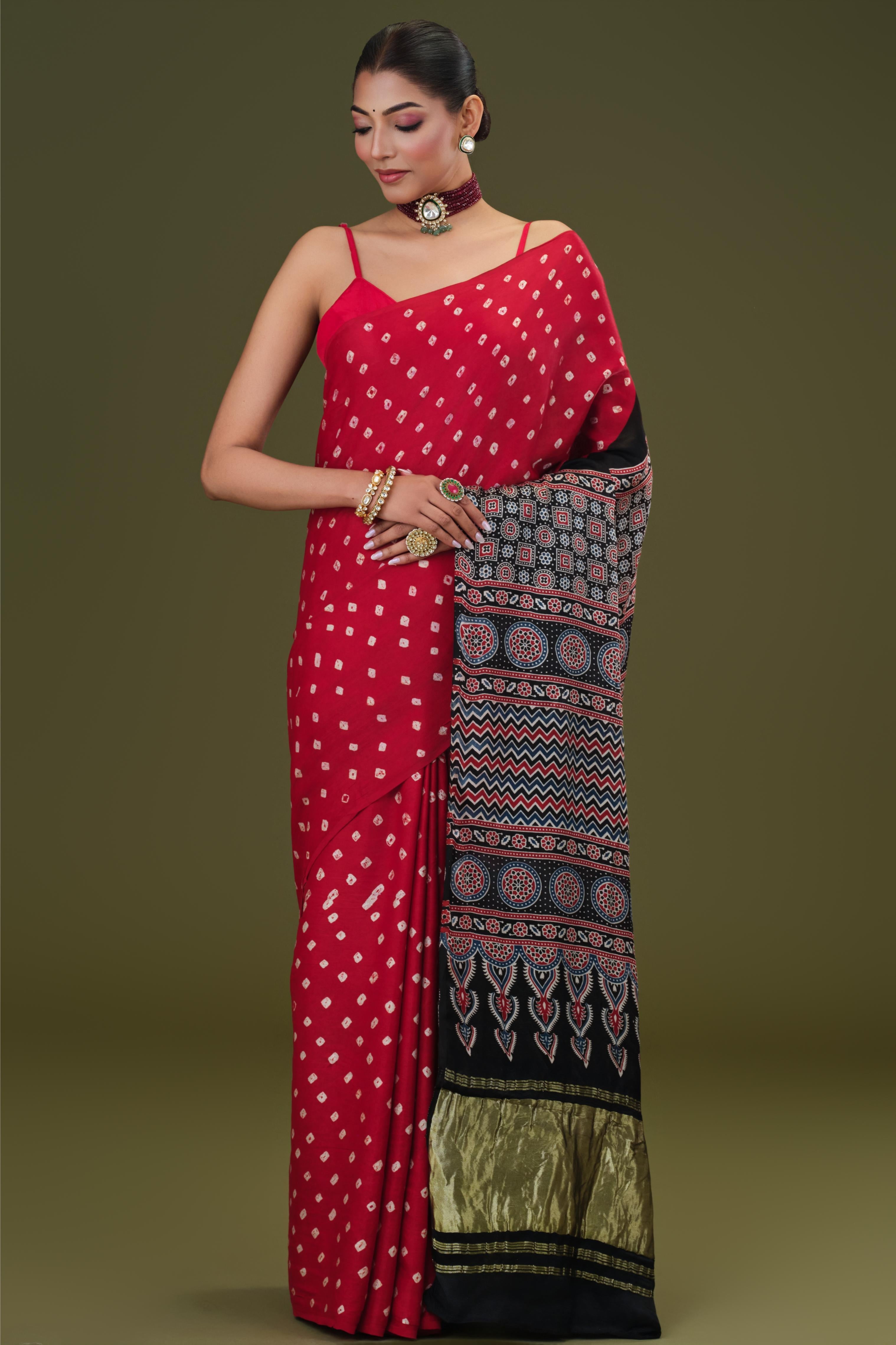 Red Bandhani Modal Silk Saree