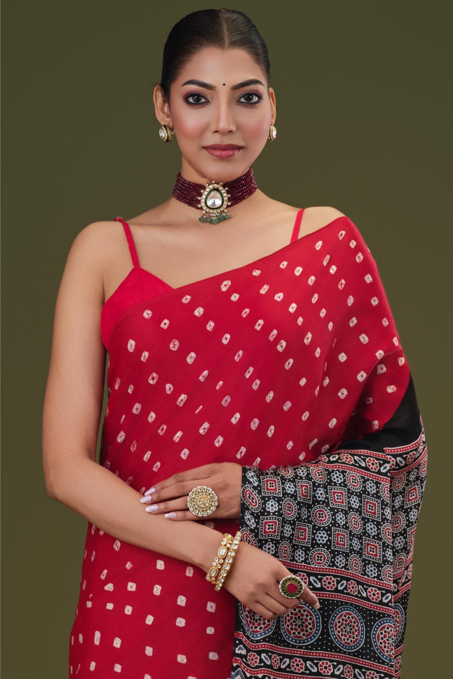 Red Bandhani Modal Silk Saree
