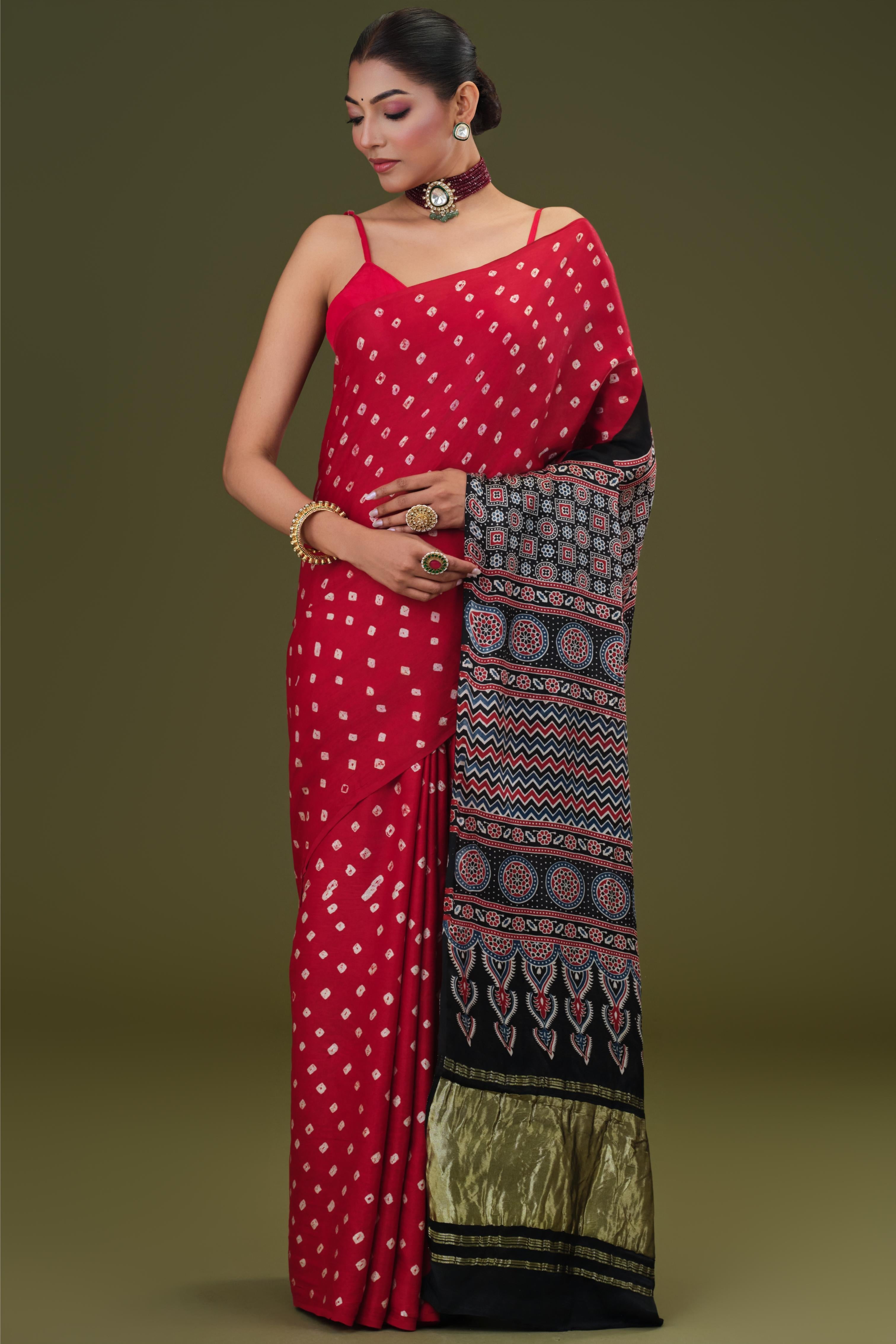 Red Bandhani Modal Silk Saree