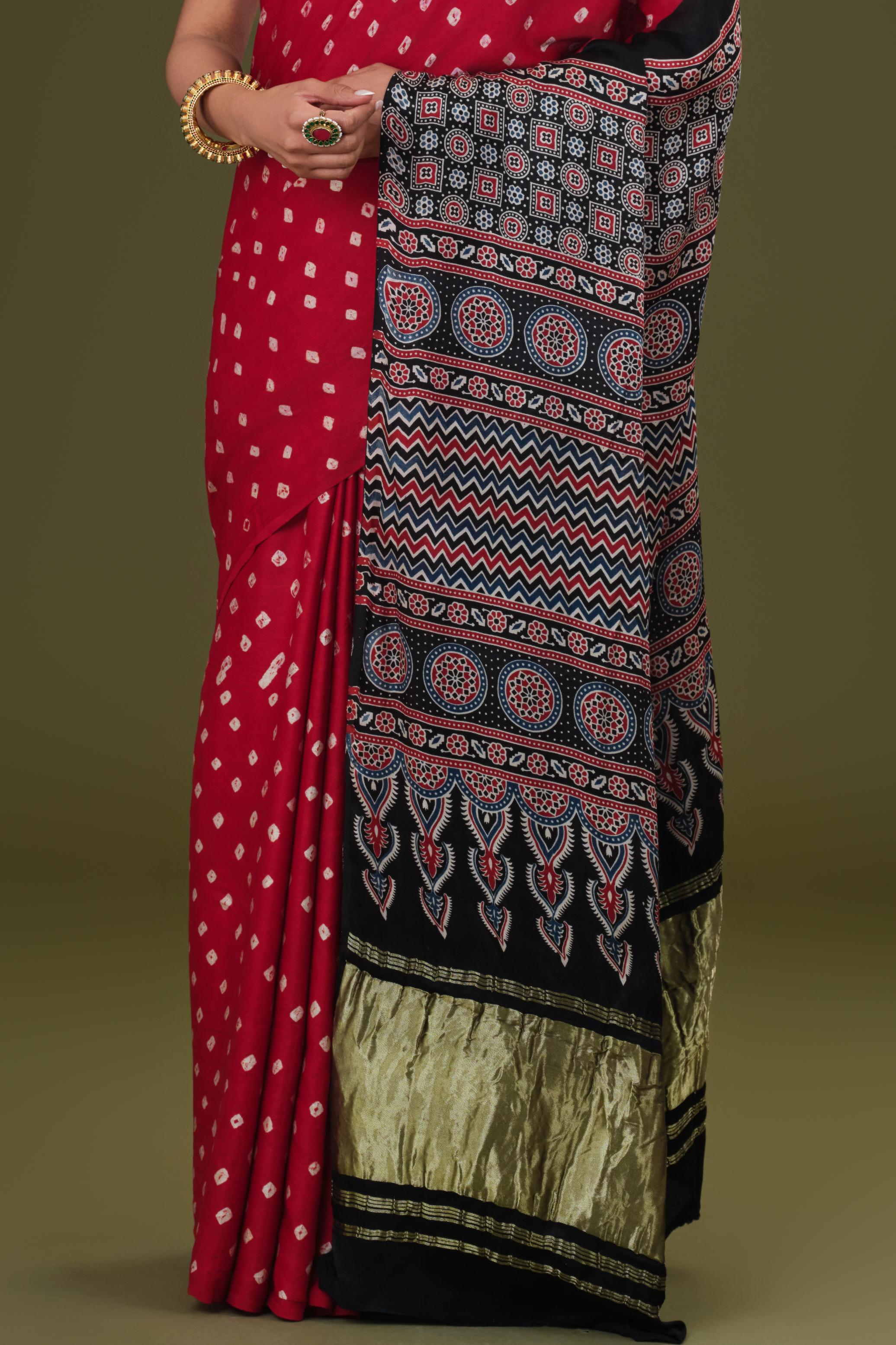 Red Bandhani Modal Silk Saree