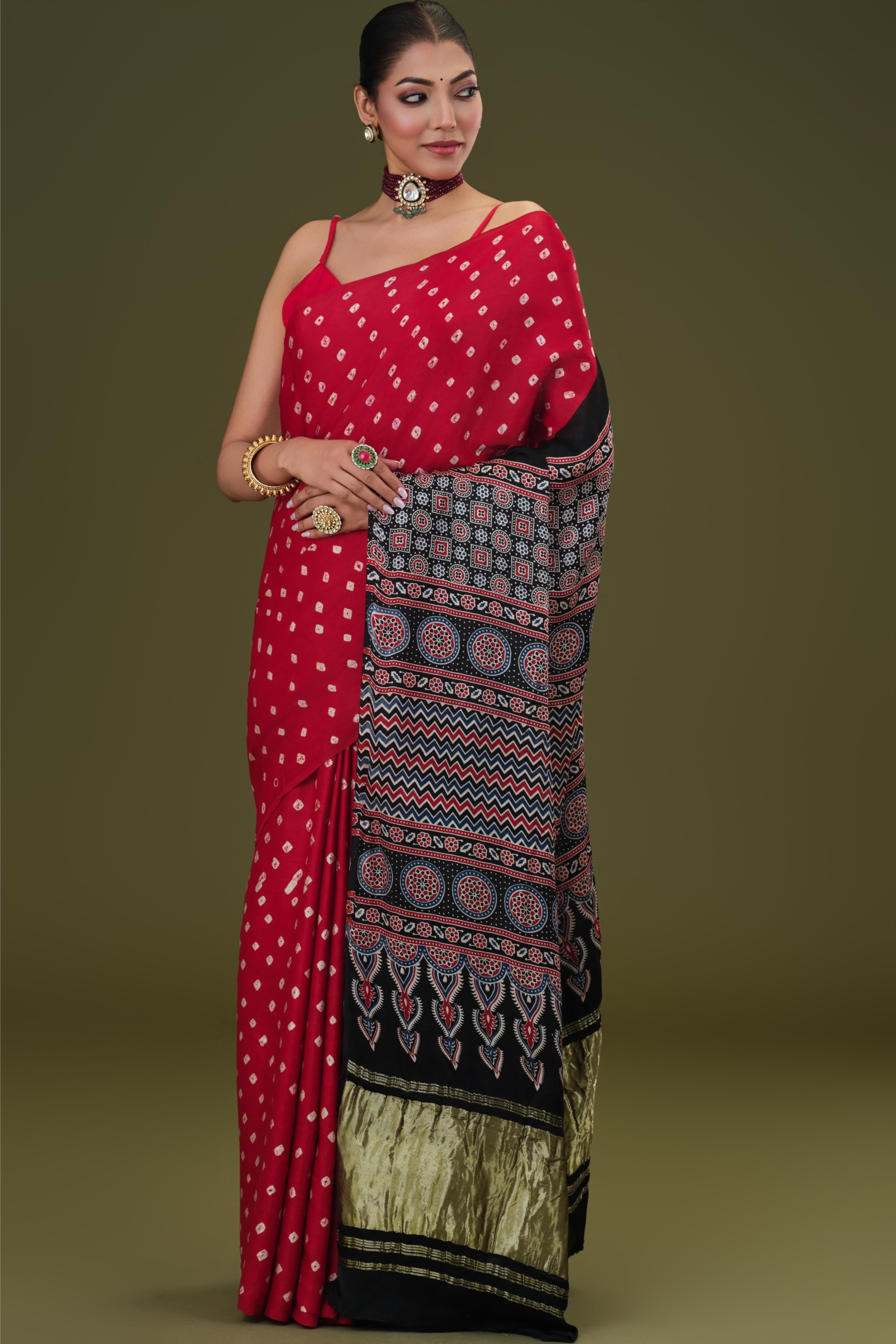 Red Bandhani Modal Silk Saree