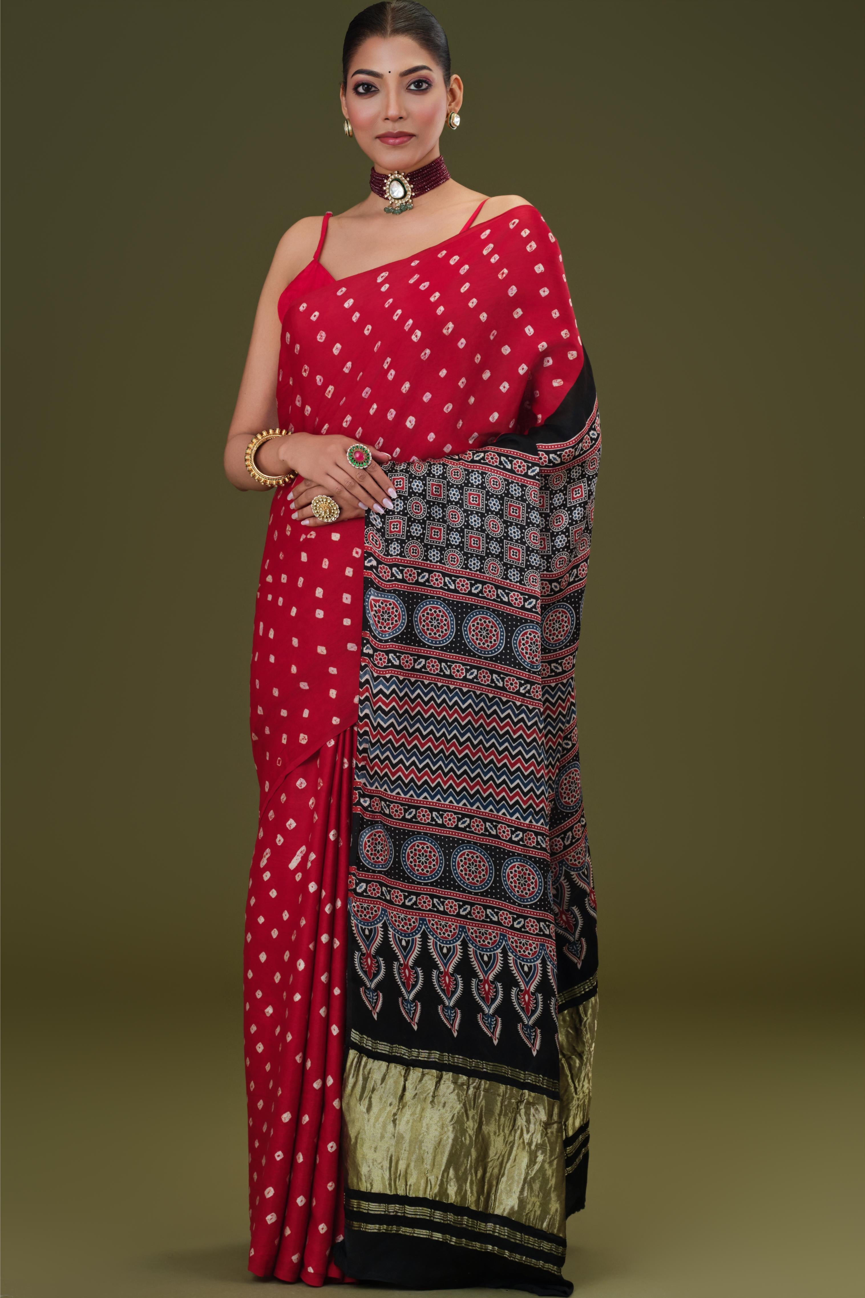 Red Bandhani Modal Silk Saree