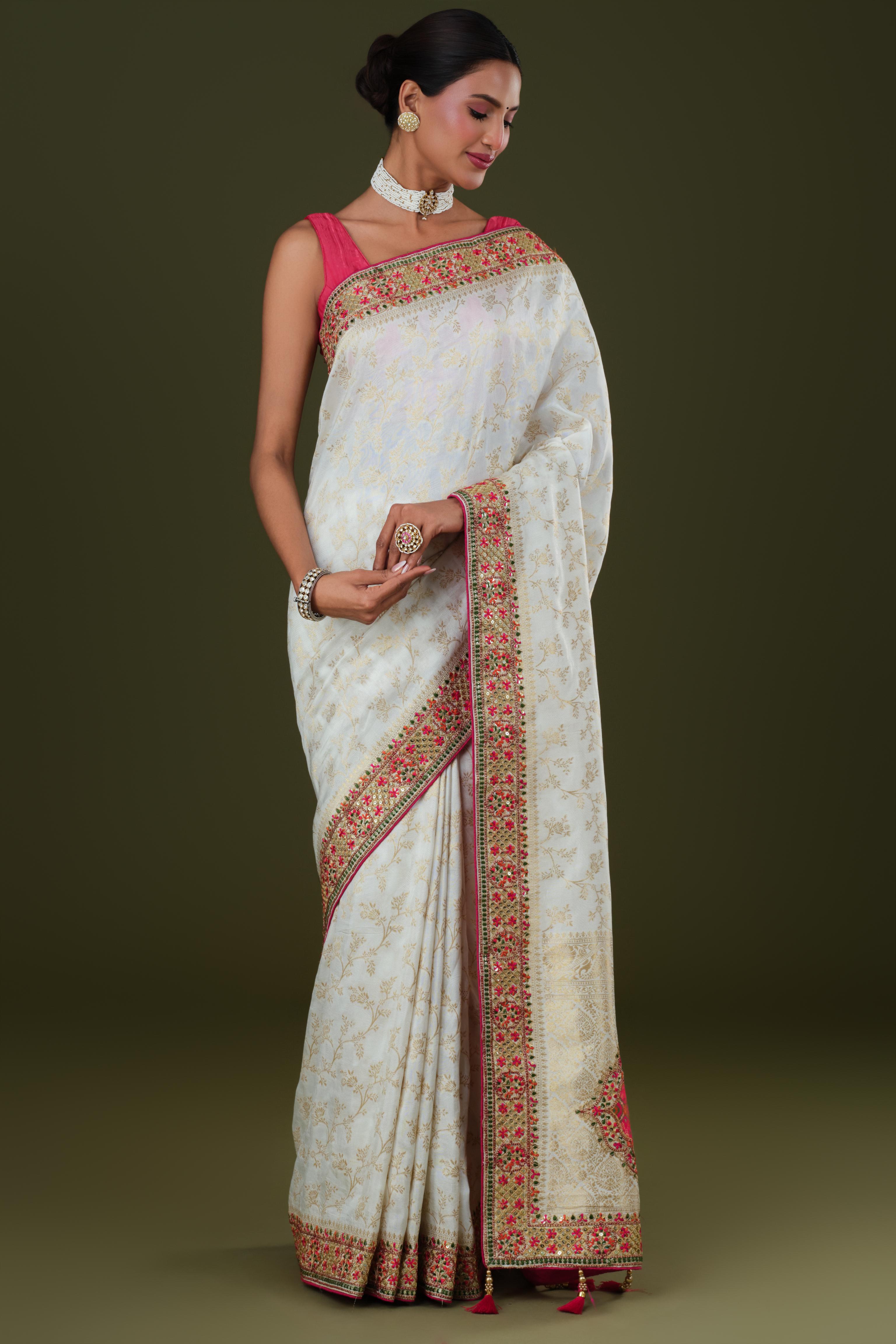 White Embroidered Banarasi Dola Silk Saree