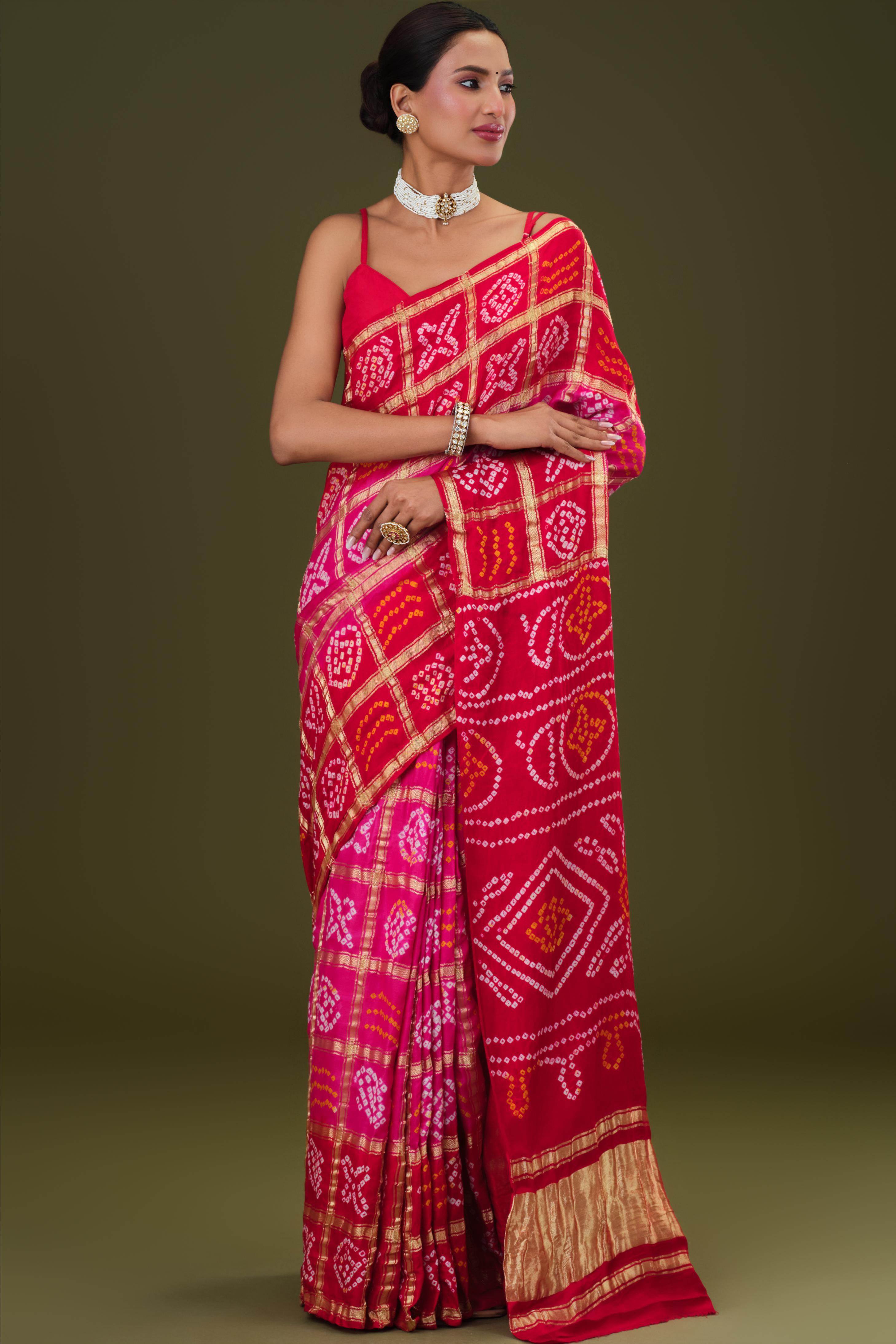 Pink Bandhani Pure Gazzi Silk Saree