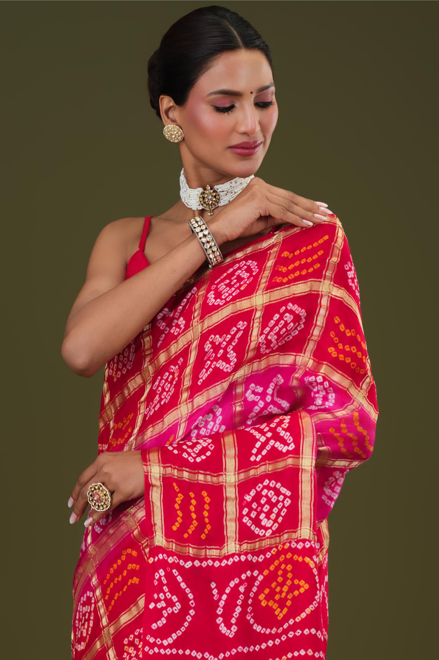 Pink Bandhani Pure Gazzi Silk Saree